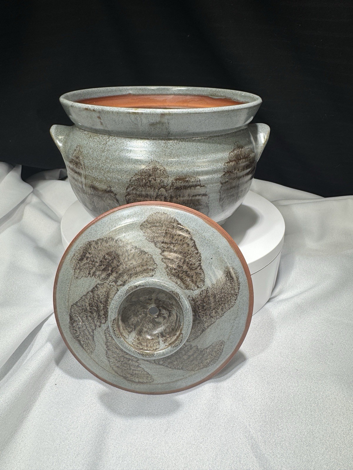 Folk Art Stoneware Stew Pot With Lid, Blue Glaze Pottery Gray Bowl Terracotta