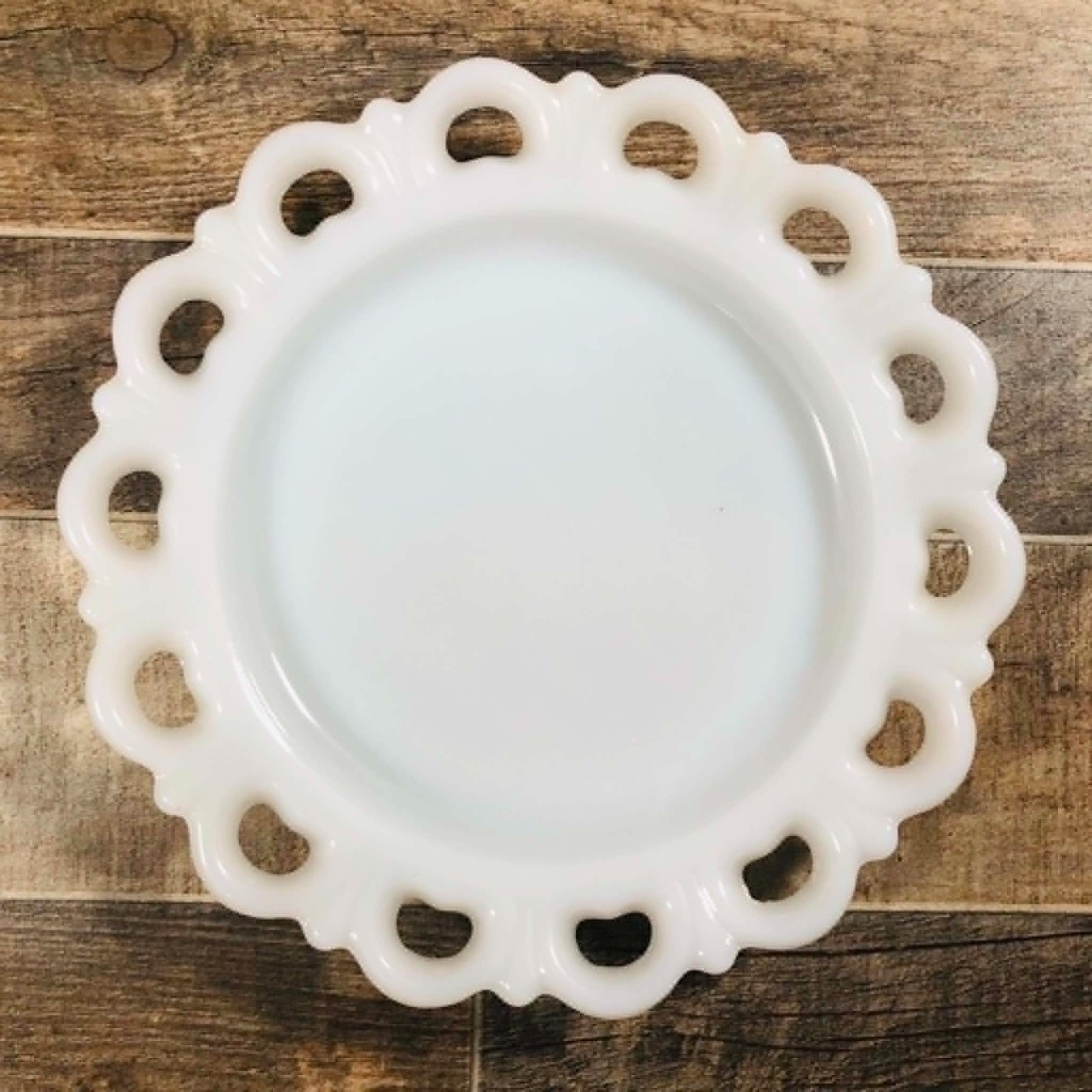 Vintage Anchor Hocking Milk Glass Open Lace Heart Border Plates Set of 5