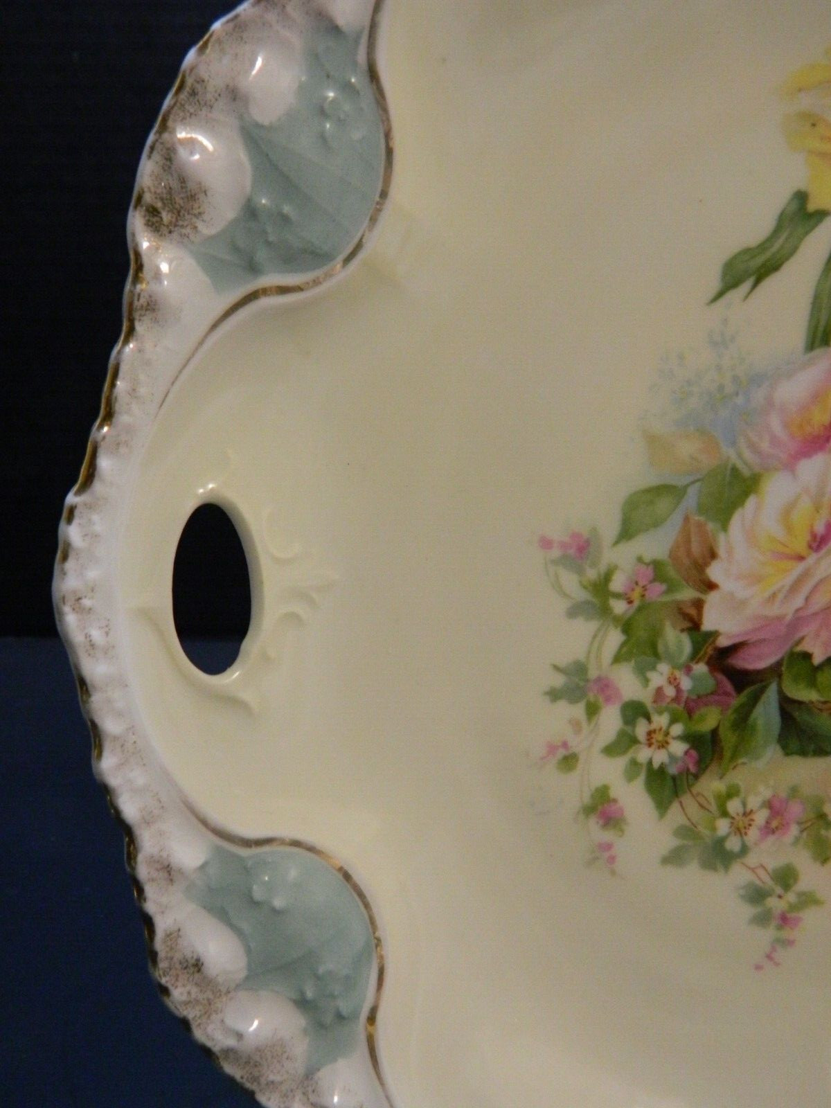 Antique RS Prussia Blue Scalloped Handled Rose Tray 1.25″x10.25″x10.5″ Excellent