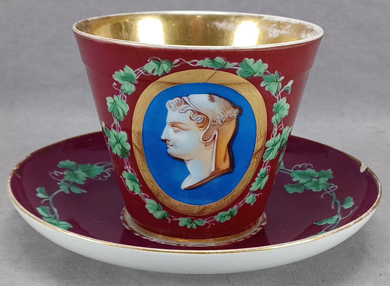 19th Century Austrian Hand Painted Neoclassical Portrait Oversized Cup & Saucer