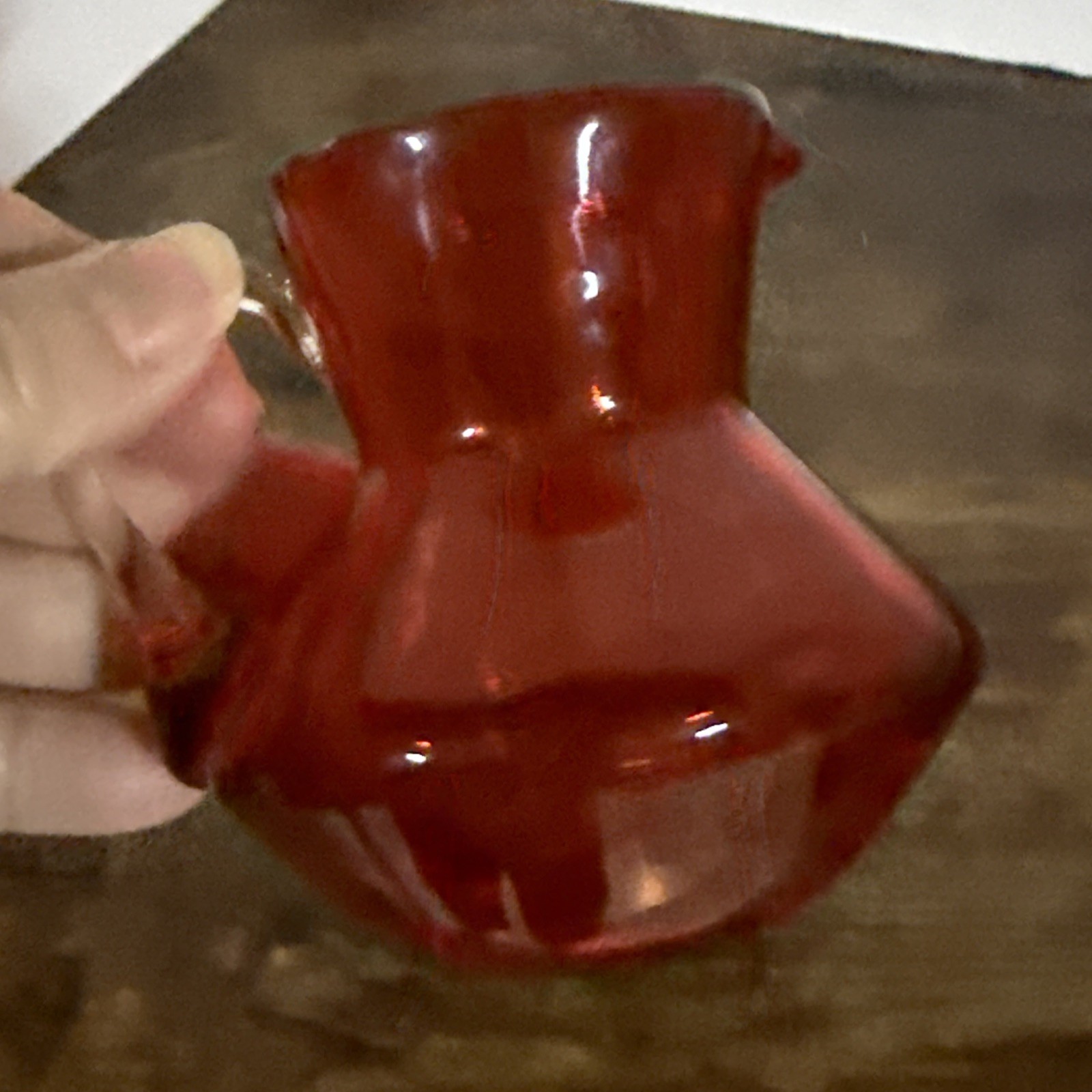 Vintage Rainbow Glass Cream / Syrup Pitcher Red/Orange Clear Handle 3.5″