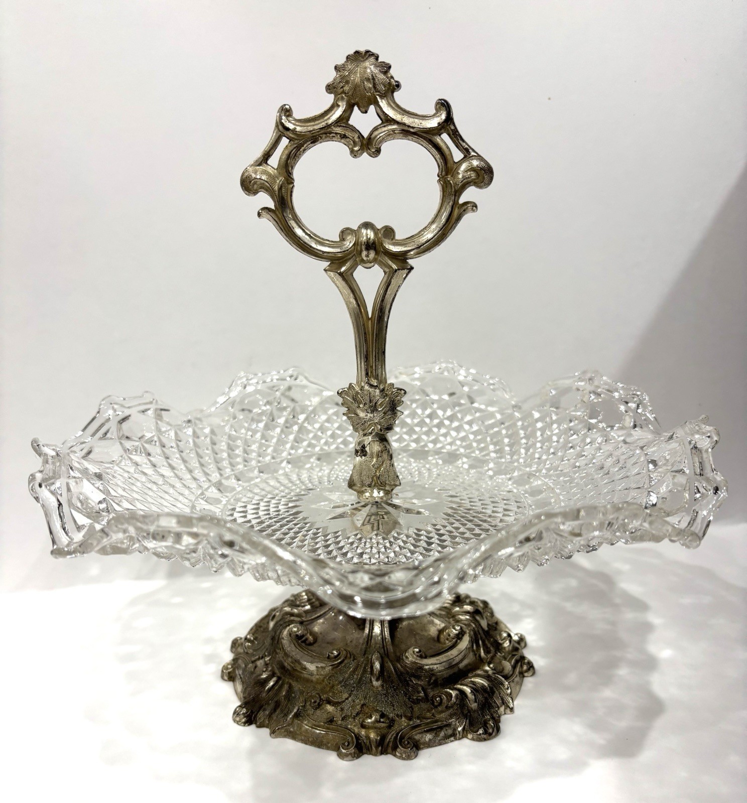 Vintage Bell Mark Silverplate Pressed Glass Pedestal Centerpiece Tidbit Dish