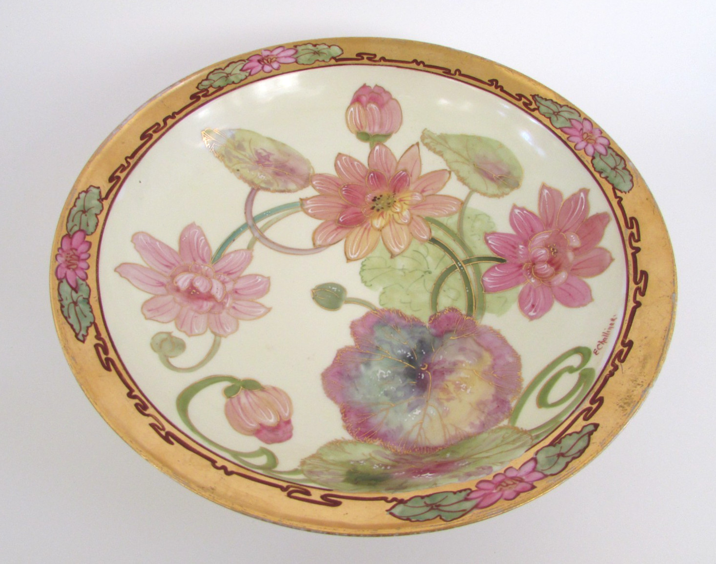 J. P. Limoges France Pickard Pink Lotus Lily Pad Floral Bowl by E. Challinor 10″