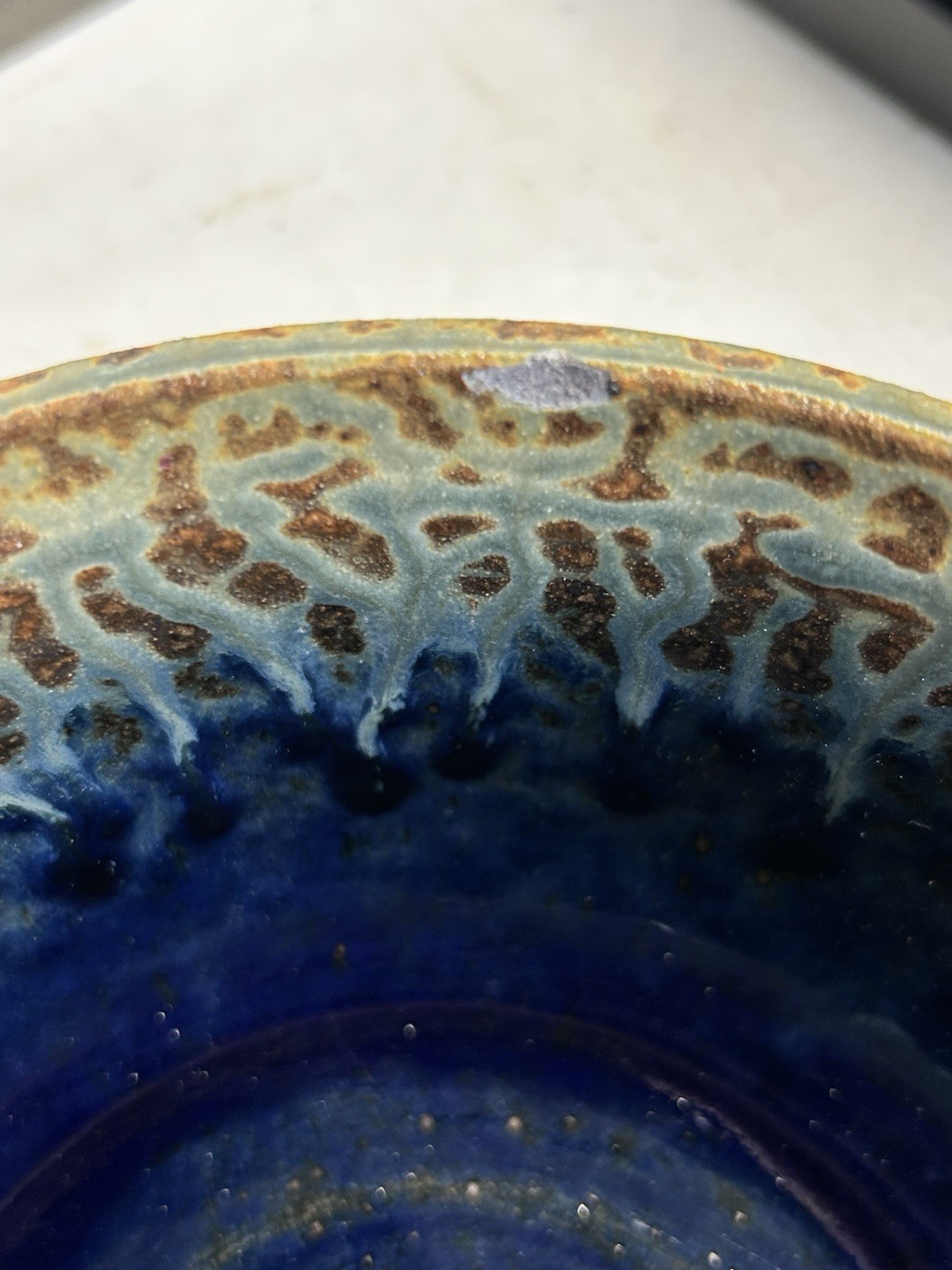 Art Pottery Stoneware Bowl Drip Glaze Blue Grey Tan, Vintage, 8.25” x 2.5”