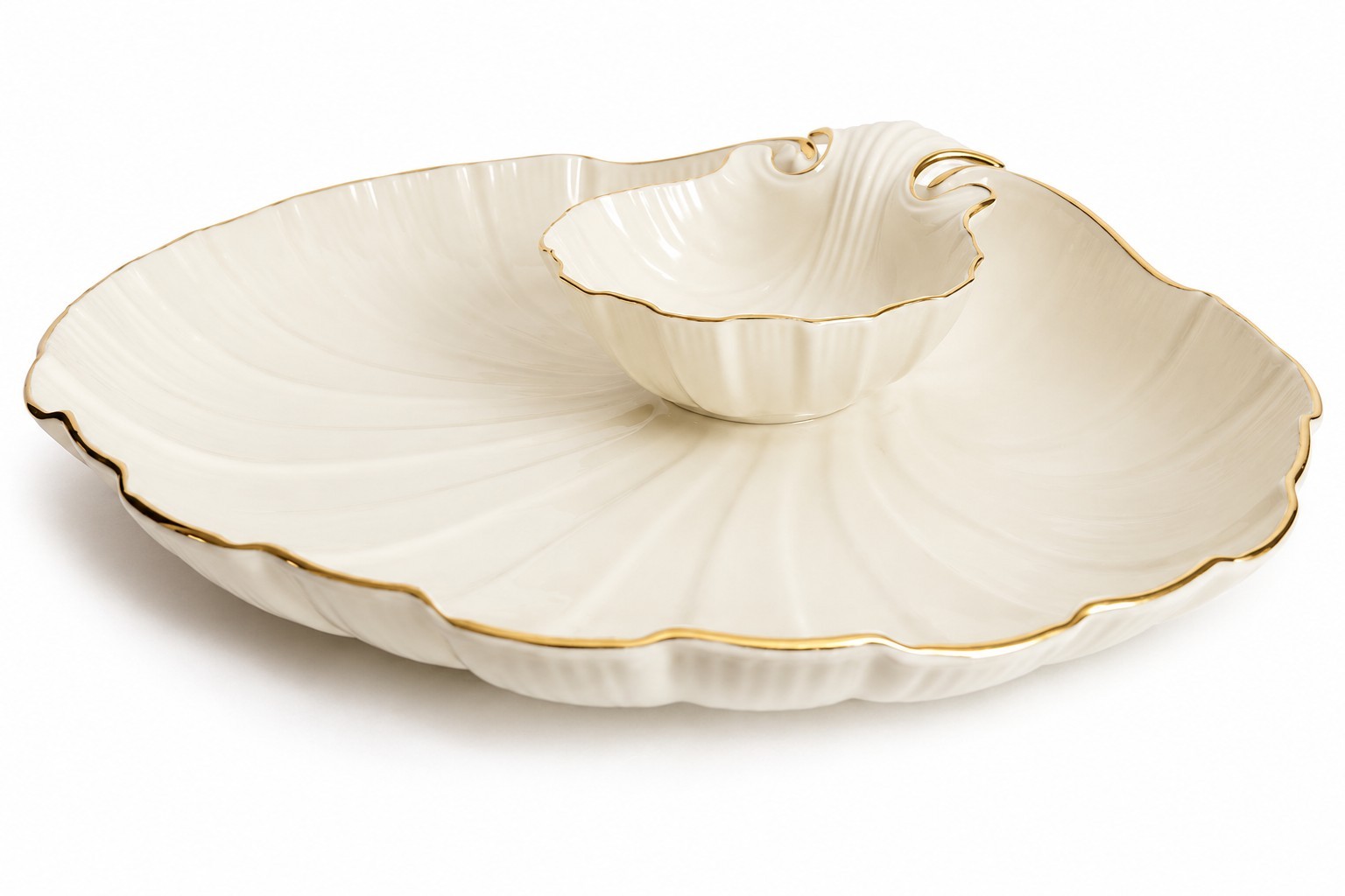 Vintage Lenox Aegean Double Shell Chip Dip Shrimp Serving Dish 24K Gold USA 12″