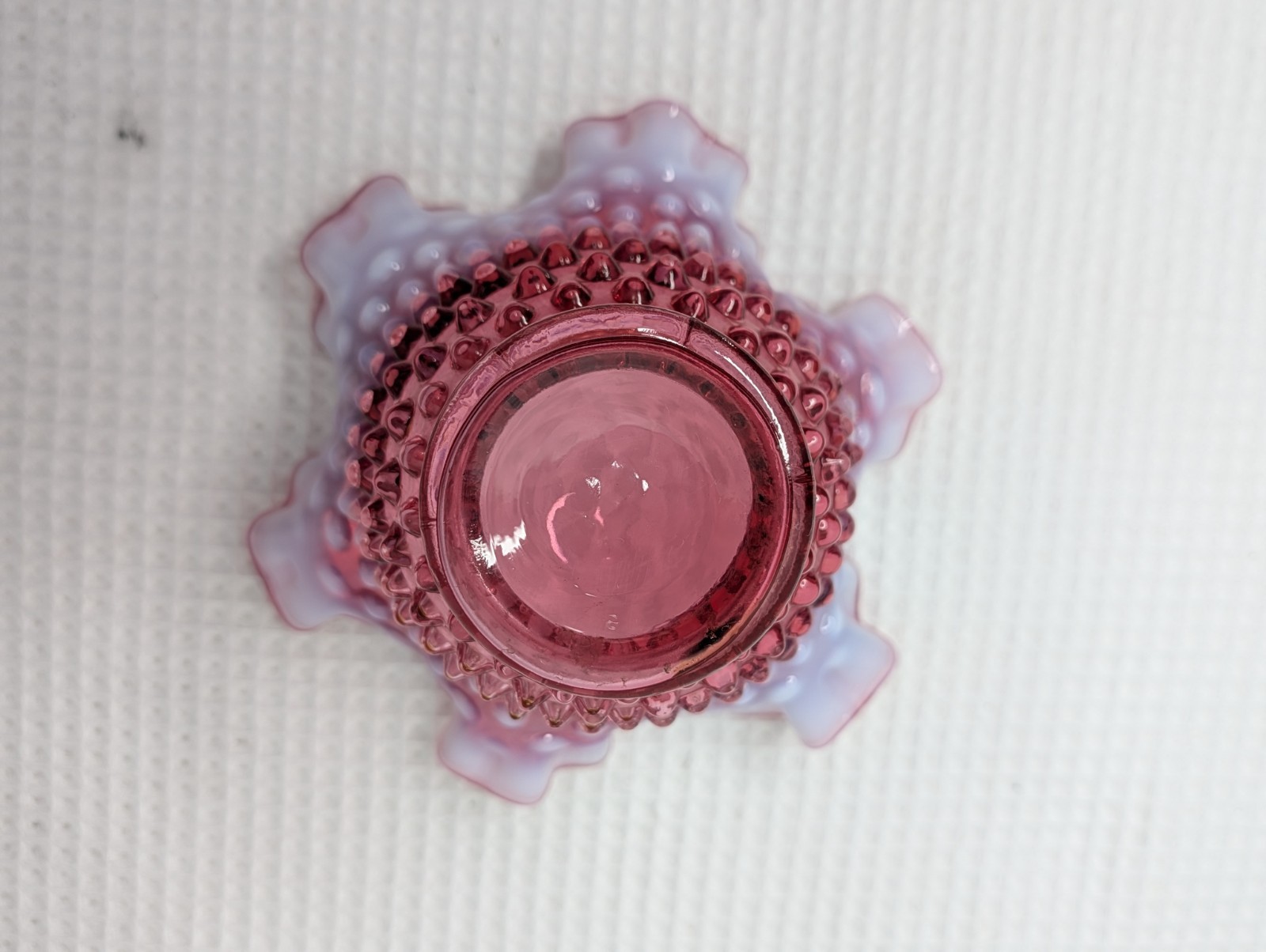Fenton Cranberry Opalescent Candy Bowl Dish Hobnail Ruffled Vtg Snap Ring Marks