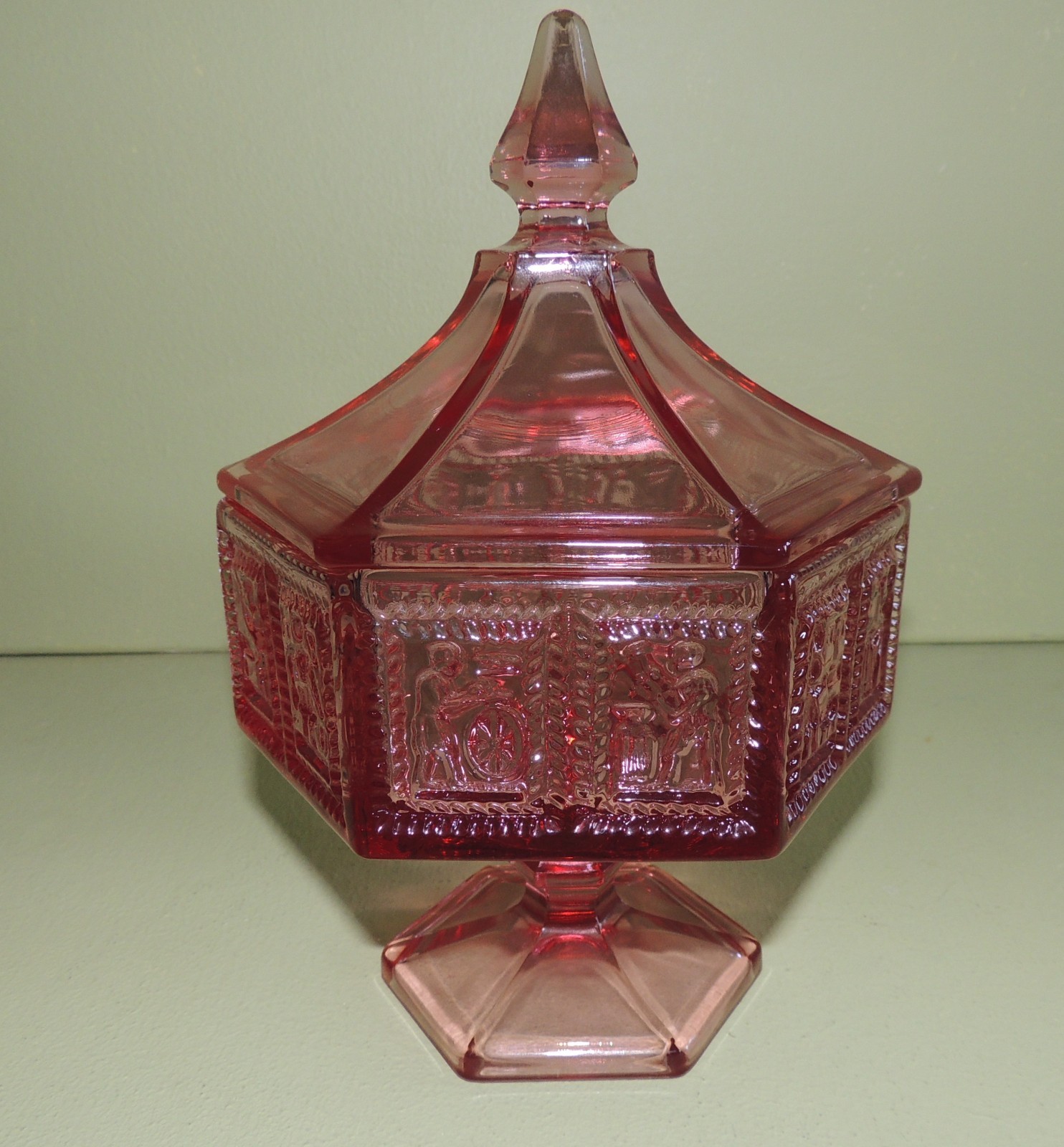 Pink Pedestal Candy Dish in Springerle Pattern Imperial Glass
