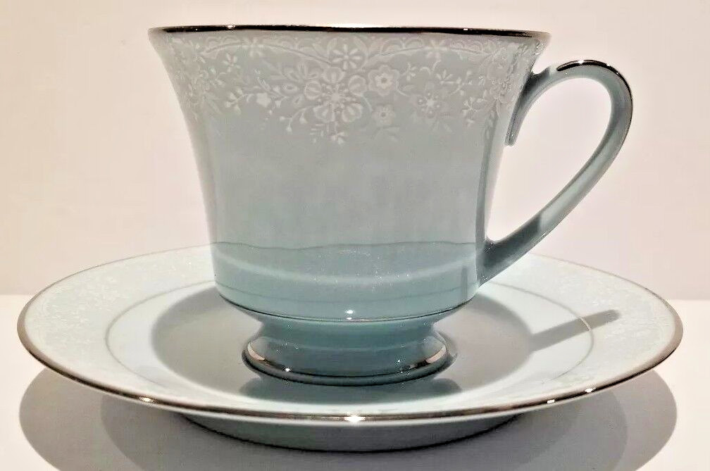 Noritake Fidelity Cup & Saucer Blue White Flowers Platinum Trim