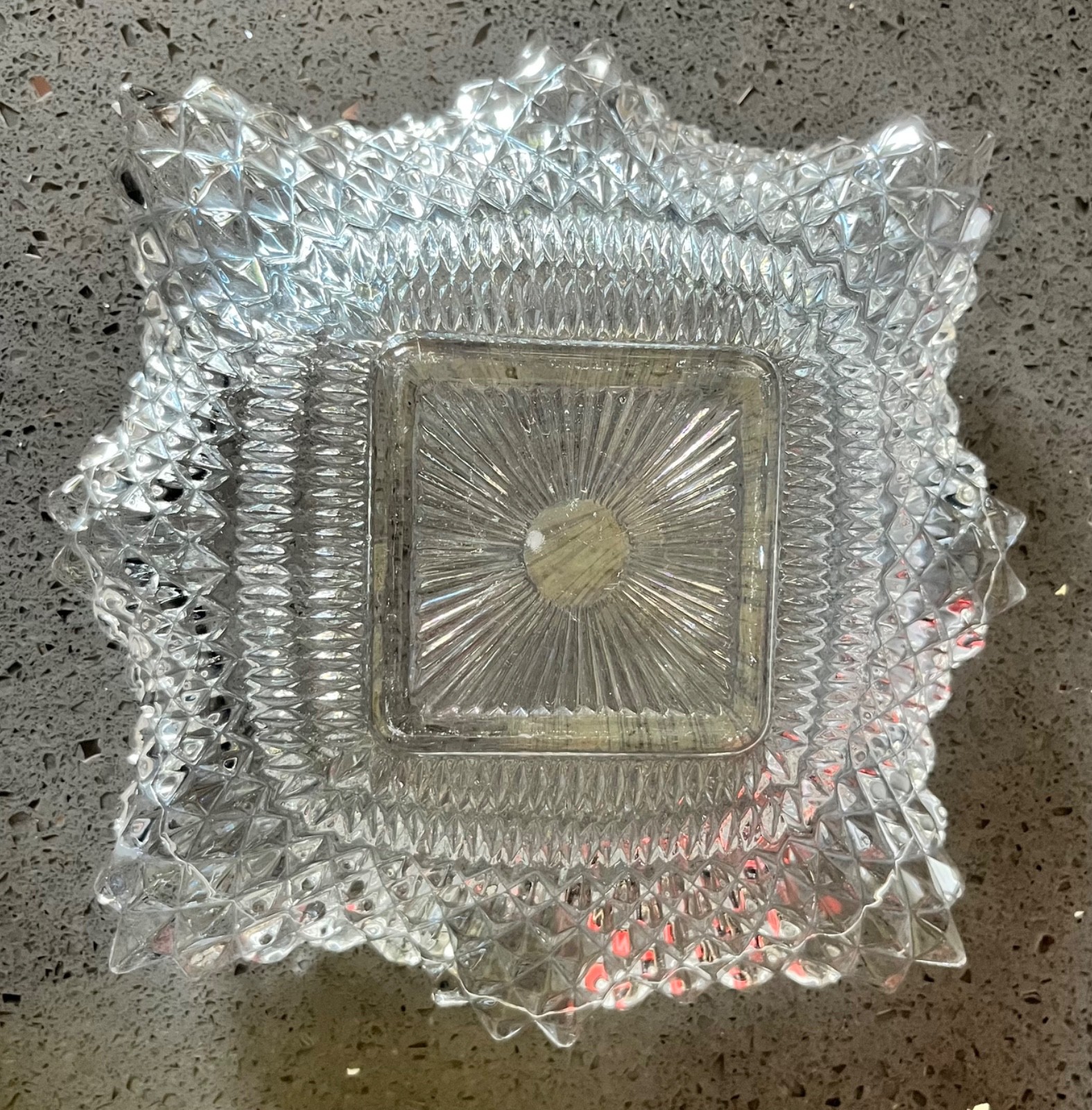 Vintage Indiana Glass Co Diamond Cut Design Square Dish w/ Ruffled Edges