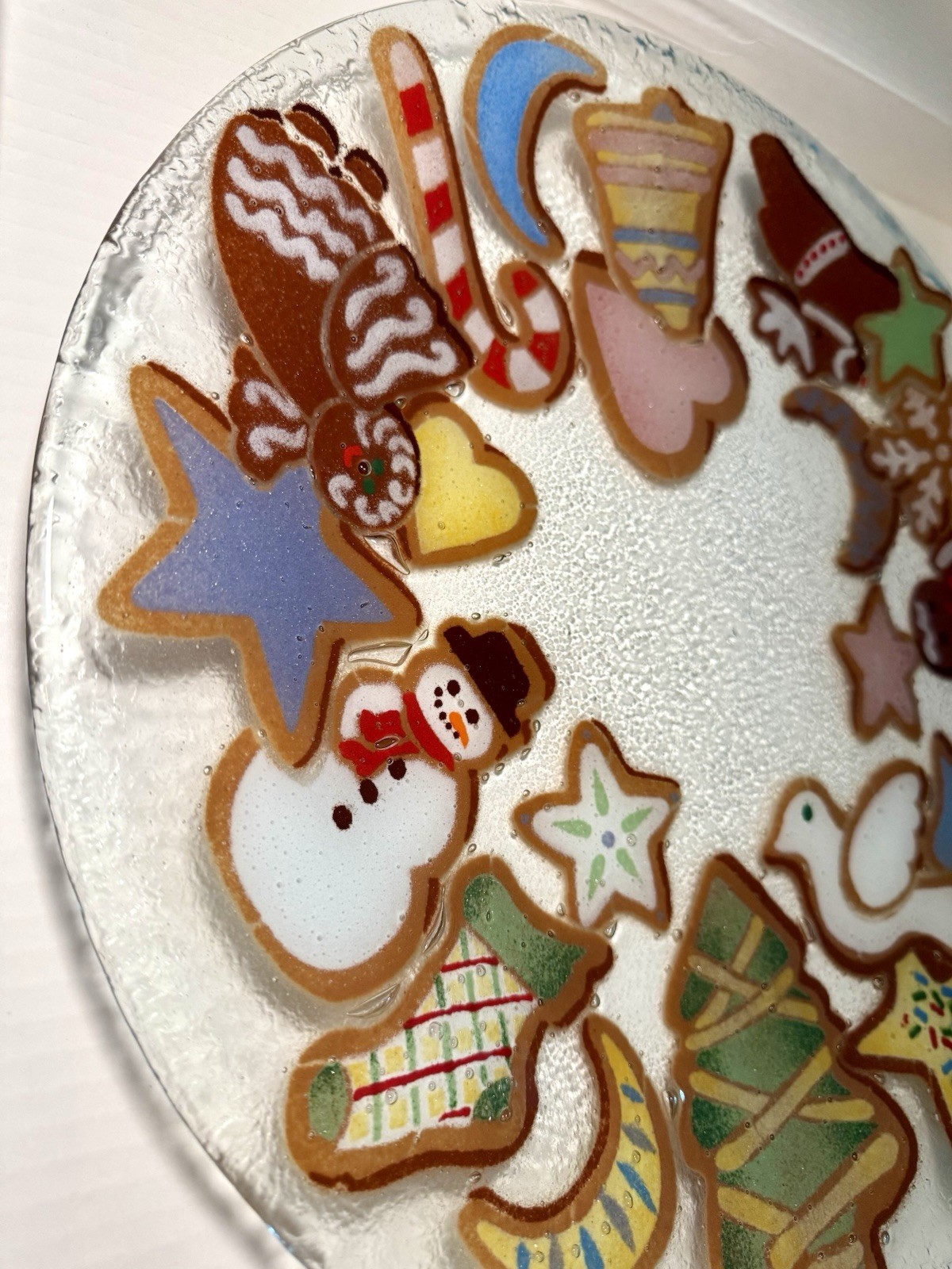 Peggy Karr Glass Serving Plate Platter Christmas Holiday Cookies 15.5” Tree Bell