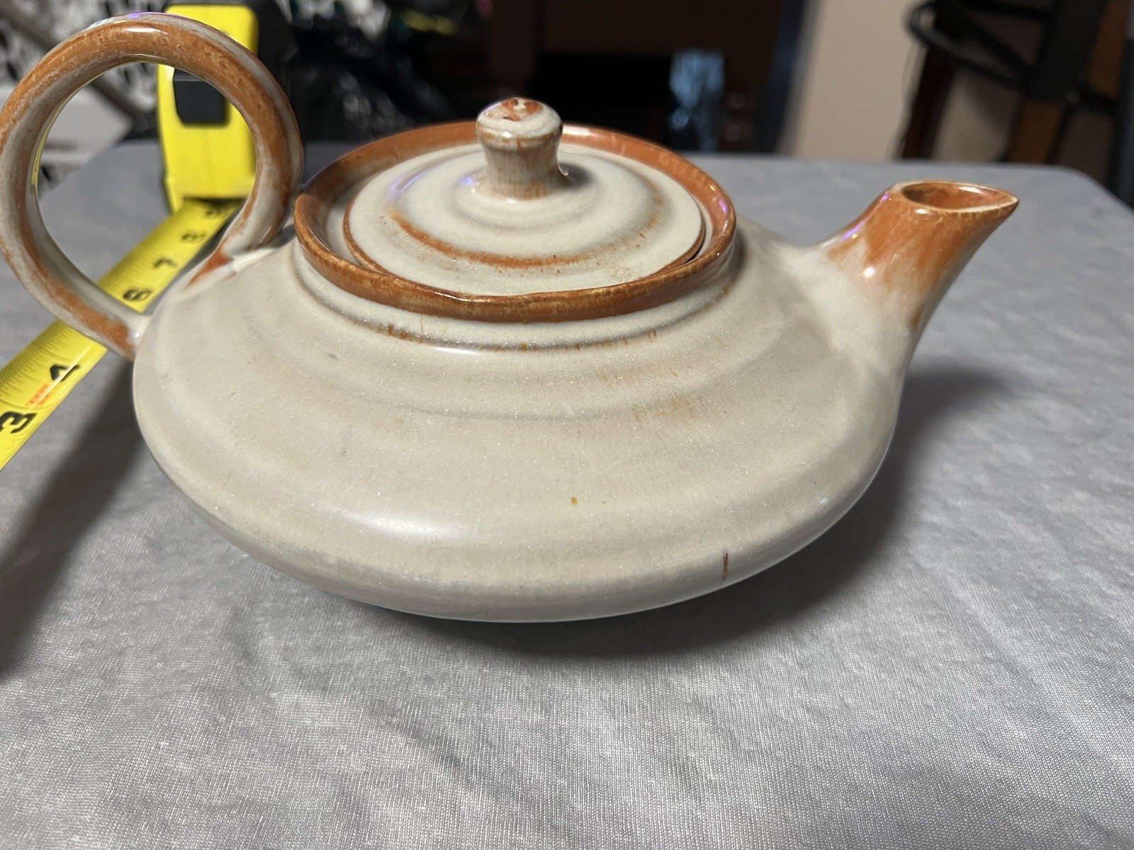 Beige & Brown Art Pottery Round Teapot w/ Lid, 1 Pint, 9in, NC Pottery