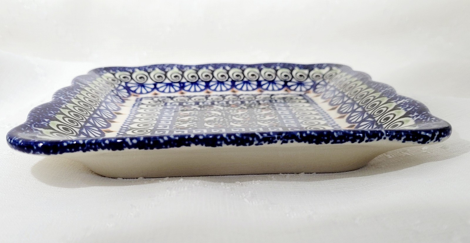 VTG Unikat Polish Pottery Square Platter Handmade/Painted Blue & Green Patterns