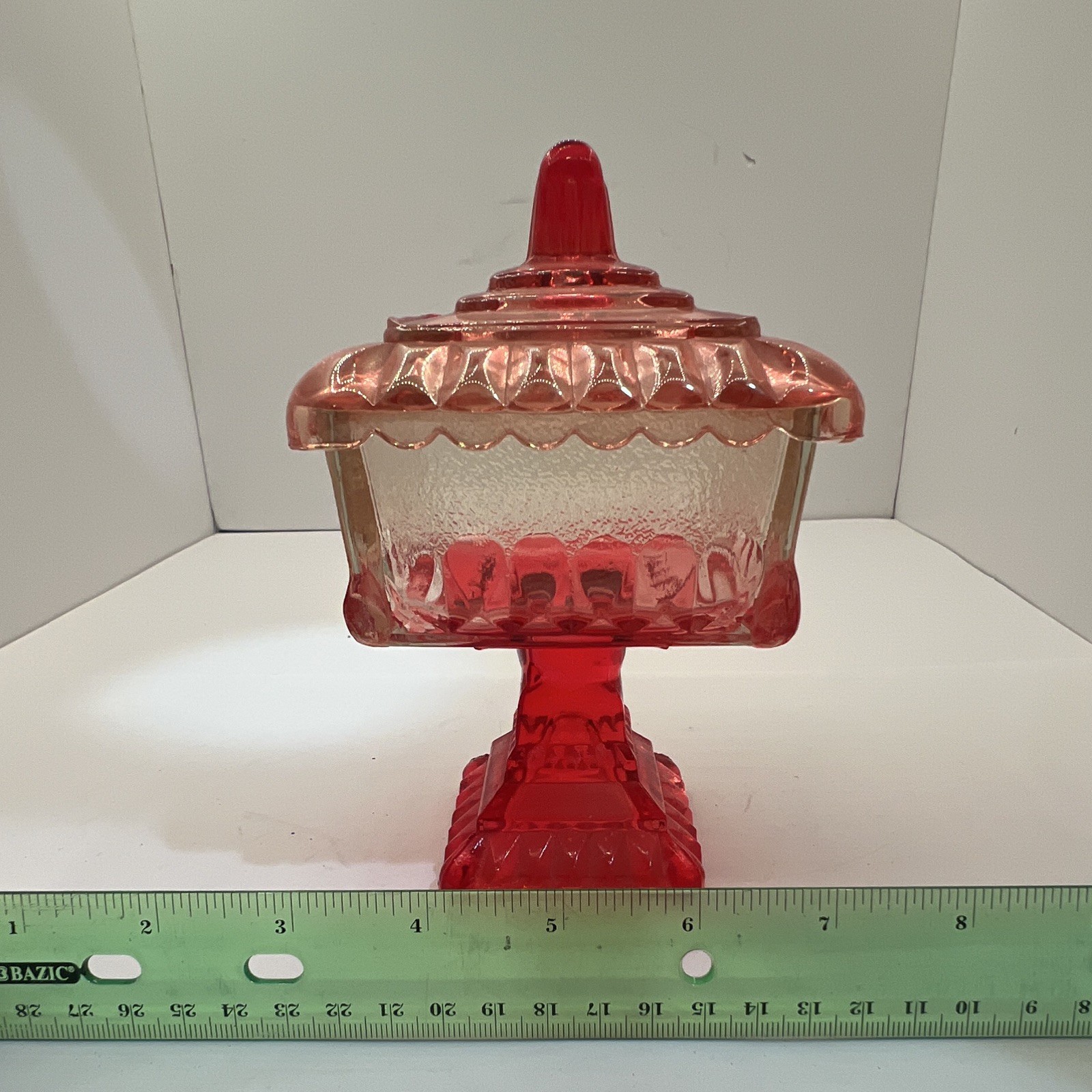 Red & Clear Glass Square Pedestal Covered Dish w/ Lid 7.75in H x 5.75in W