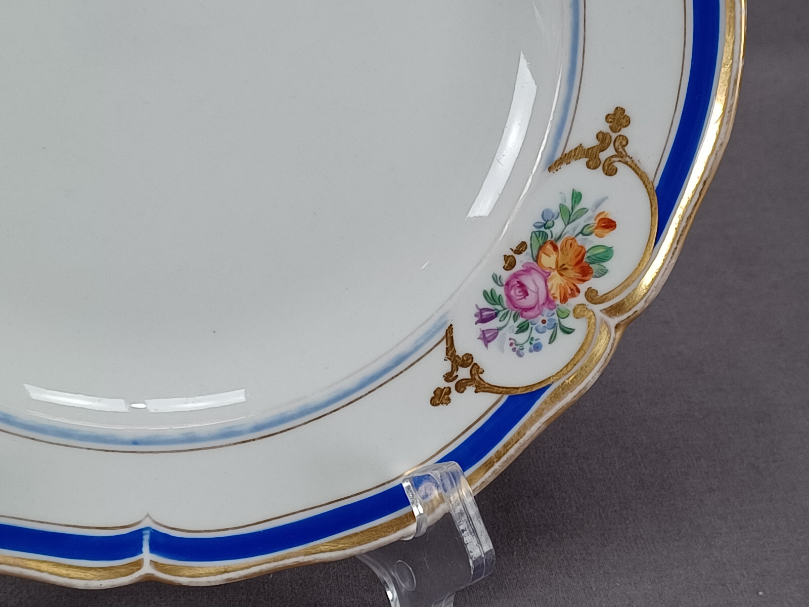 KPM Berlin Hand Painted Floral Cobalt & Gold Border 8 1/4 Inch Plate C. 1840s A