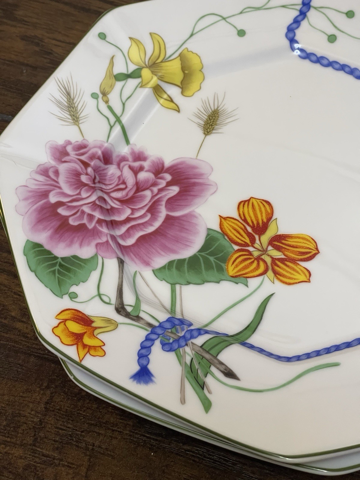 Set Of 2 Lynn Chase Flores 10” Dinner Plates W/ Blue Rope Motif,Flowers And Bee