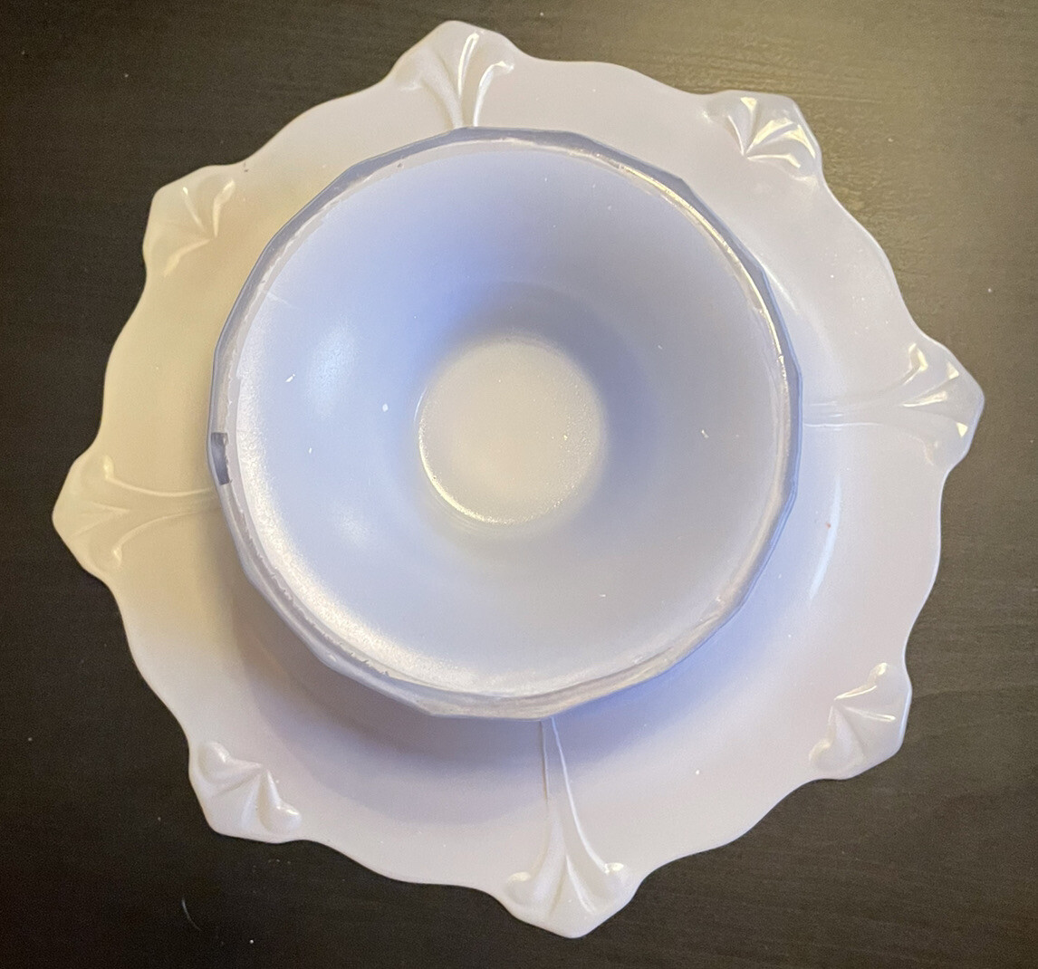 Baby Blue Art glass Bowl Pink Roses Platinum trim on Clear & White Glass