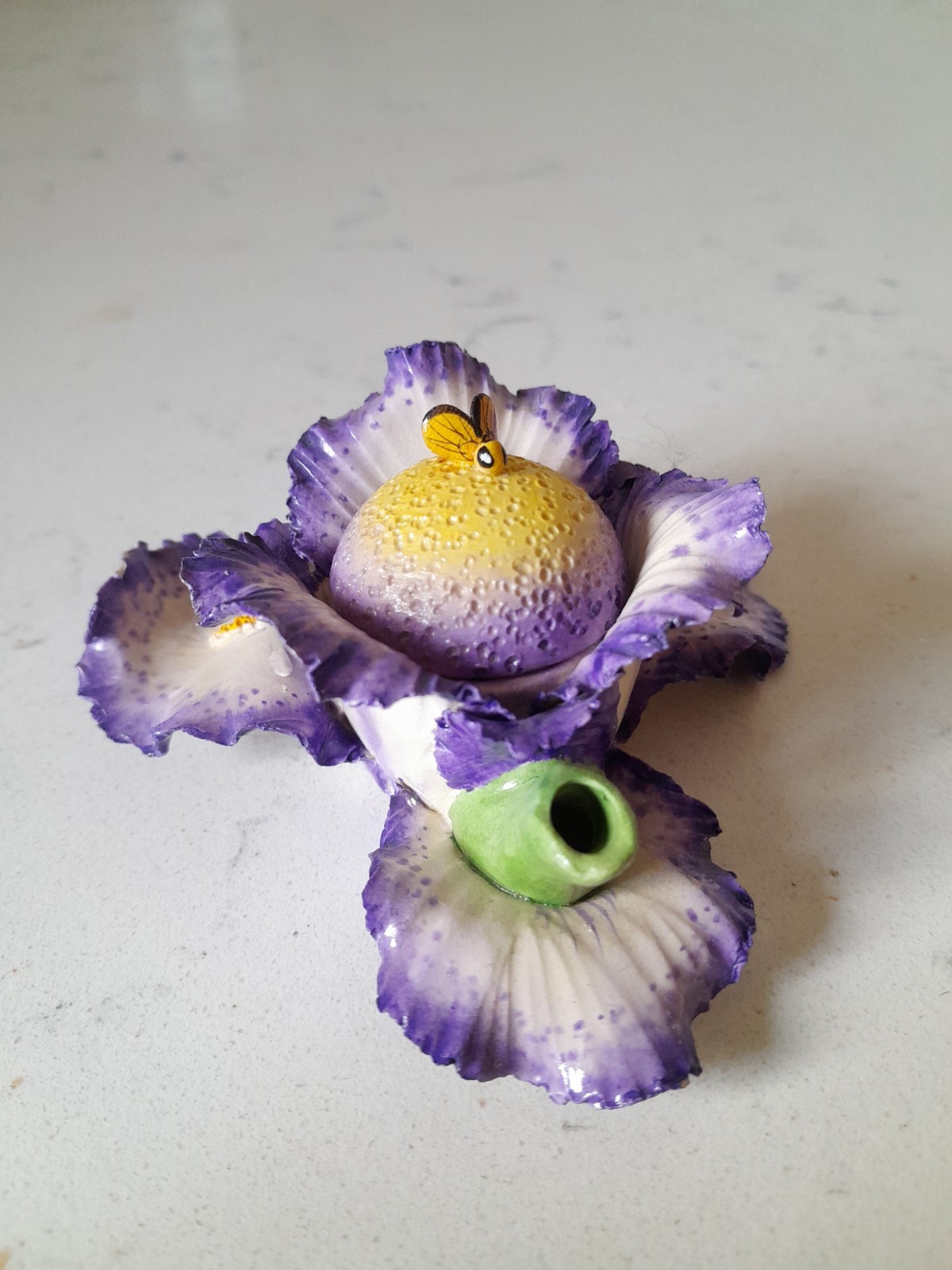 Vintage Kitschy Miniature Capodimonte Style Tea Pot Purple Iris Flower And Bee