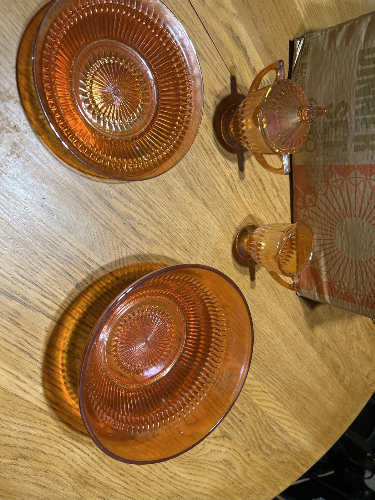 Vintage glass ware 35 Piece Set Jeannette Glass Co. Original Box gold orange