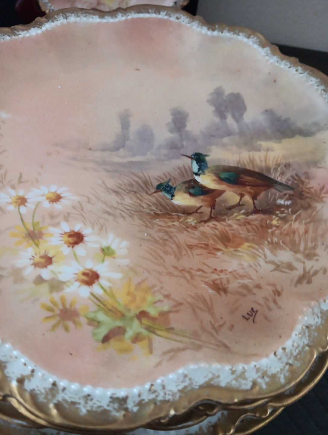 11 Antique 1906 Limoge Game Plate Set Coronet Signed LUC Sauce Bowls HP