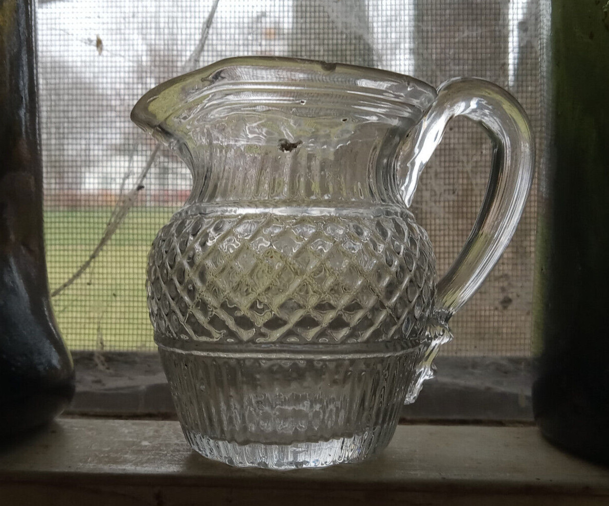 1830s EARLY 3 MOLD BLOWN TOY CREAMER DIAMOND HOBNAIL BOSTON & SANDWICH GLASS CO