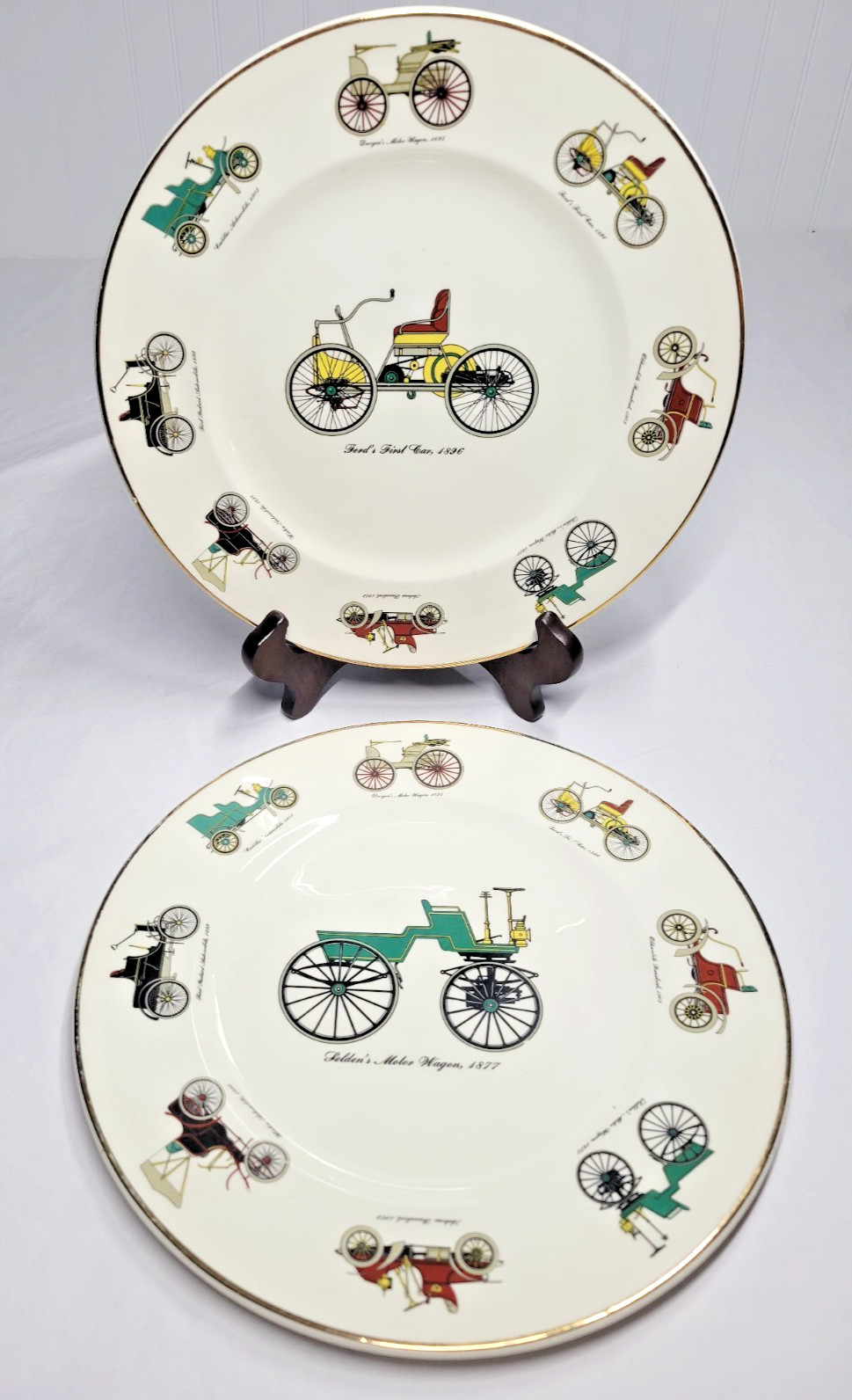 Vintage Harmony House 23K gold trim Antique Car 11″ Plates set of 2