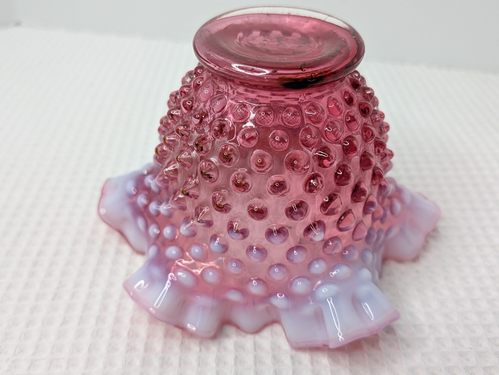 Fenton Cranberry Opalescent Candy Bowl Dish Hobnail Ruffled Vtg Snap Ring Marks