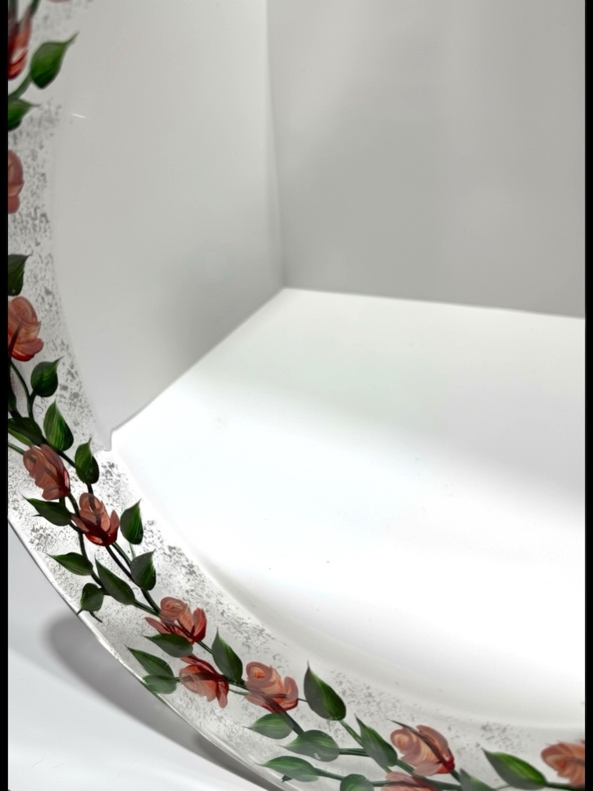 Hand Painted Pink Roses Clear Glass 14 Inch Serving Plate