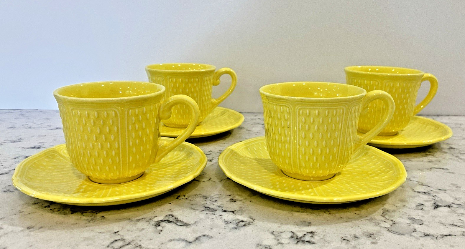 Vintage Bon Vivant Faience Yellow Hobnail 4 cups & 4 Saucers Set France Tea