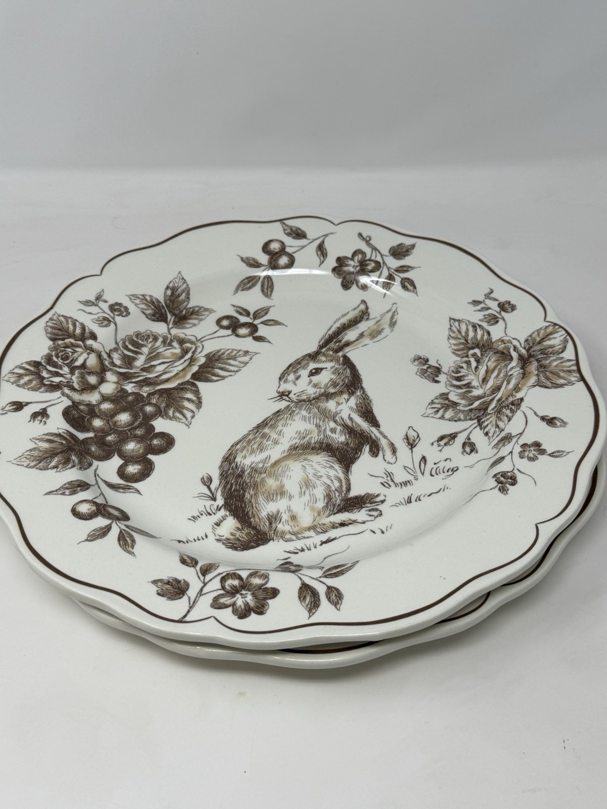 2 New Maxcera Toile Bunny Brown Rabbit Easter 11 1/2 Plates VHTF