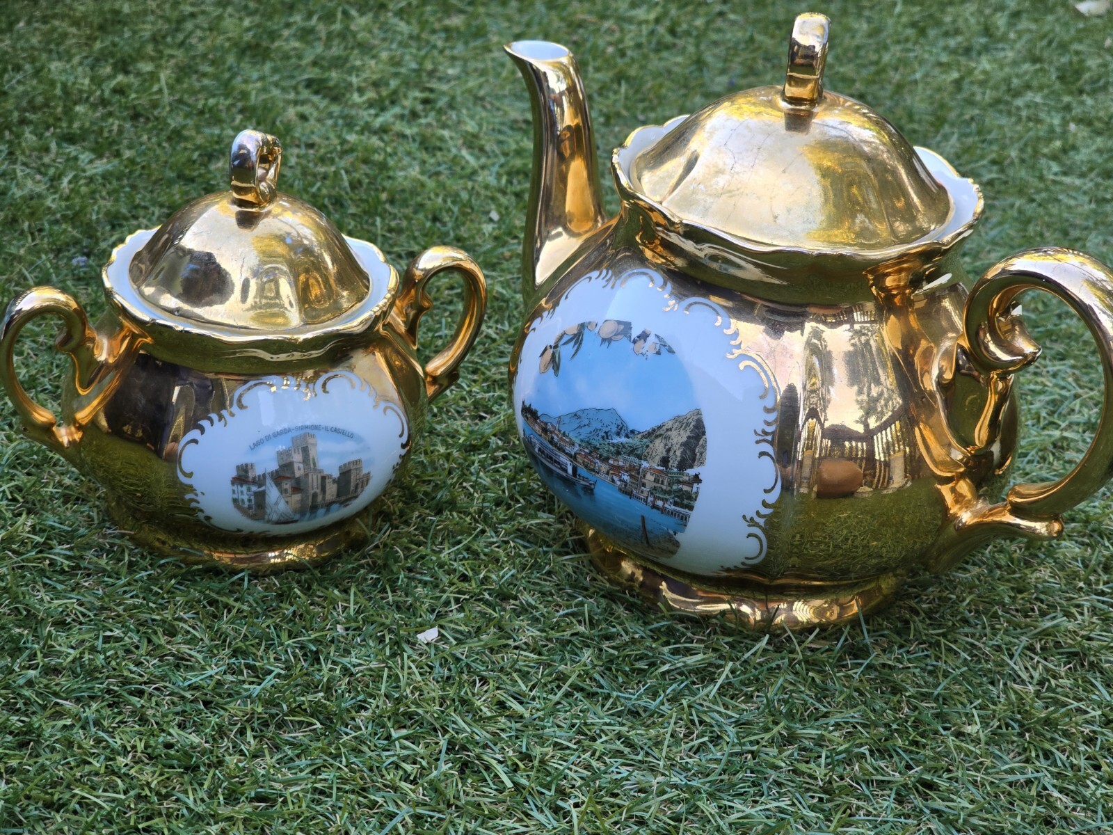 VTG 1960s Limone Castello MURANO GOLD PORCELAIN Tea Set 10 Piece 2 Cups 4 Plates
