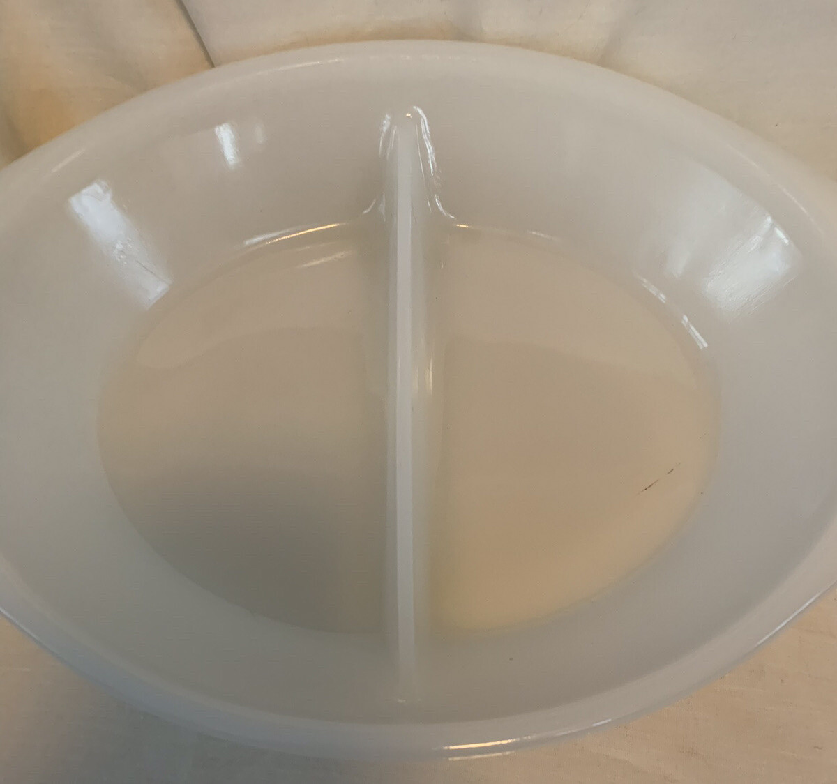 Vintage McKee Glasbake Split Casserole Baking Dish Milk Glass Pebble Bottom
