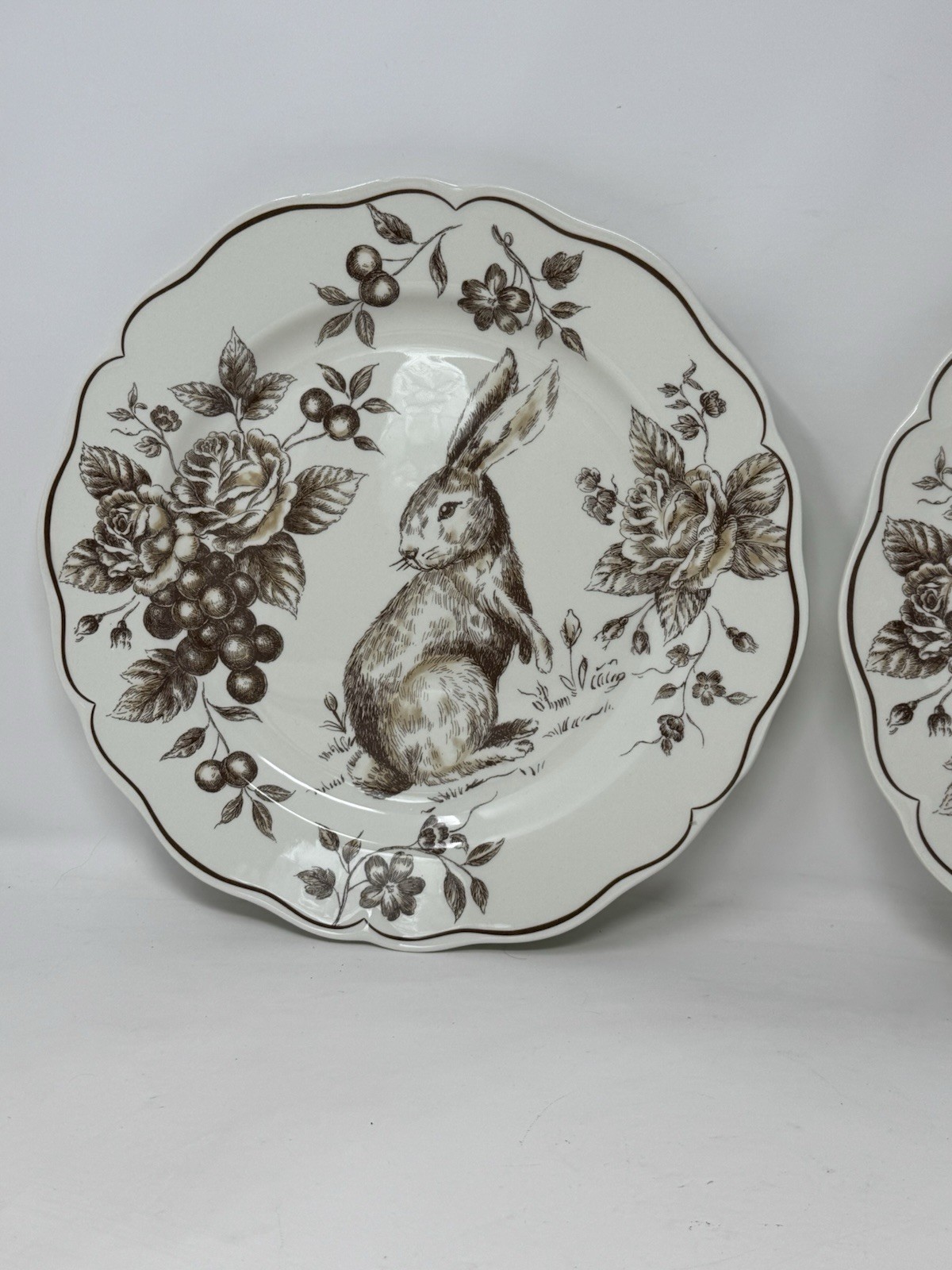 2 New Maxcera Toile Bunny Brown Rabbit Easter 11 1/2 Plates VHTF