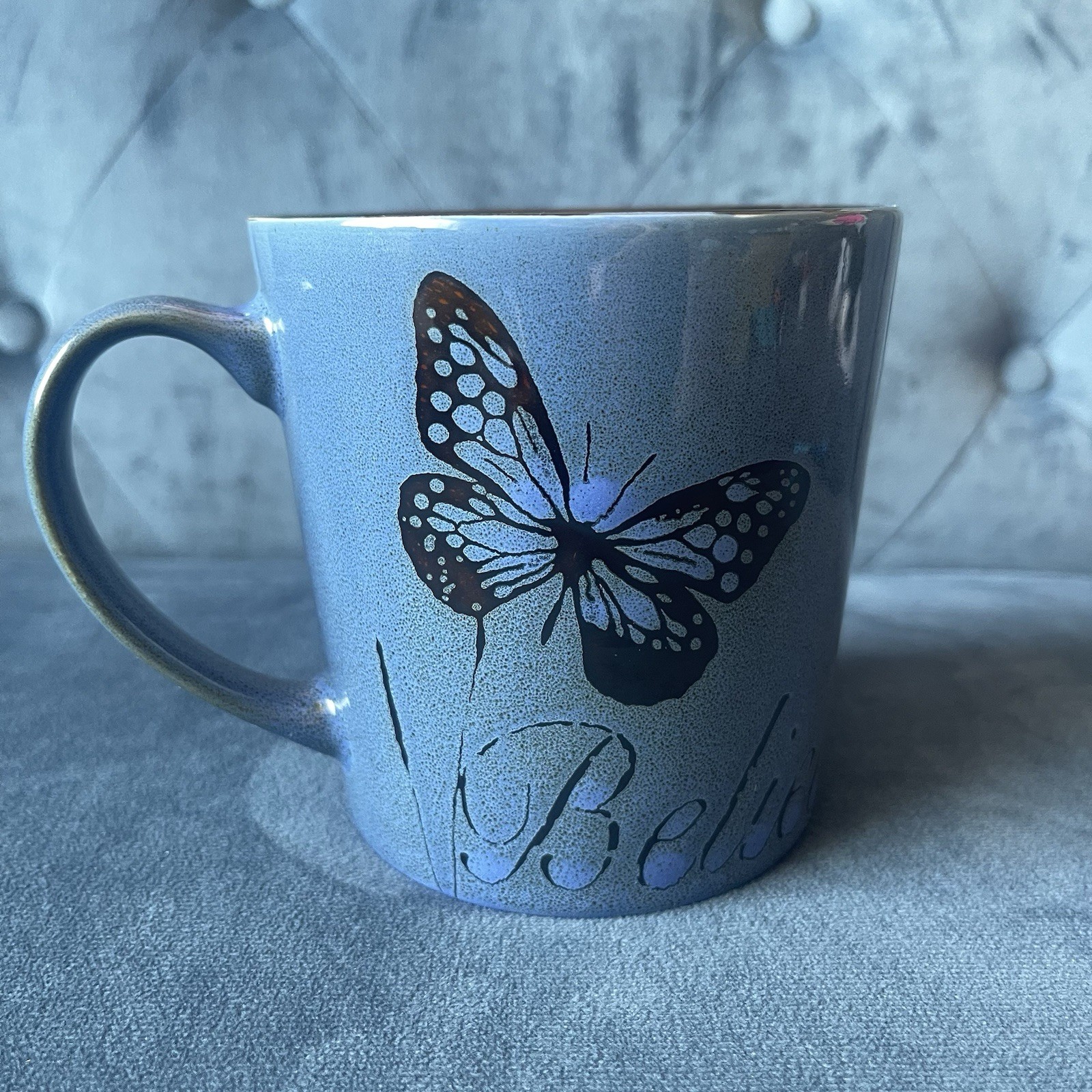 Pfaltzgraff Coffee Mug BELIEVE Tea Cup Blue Butterfly Large 16 Oz 4.25 X 4”