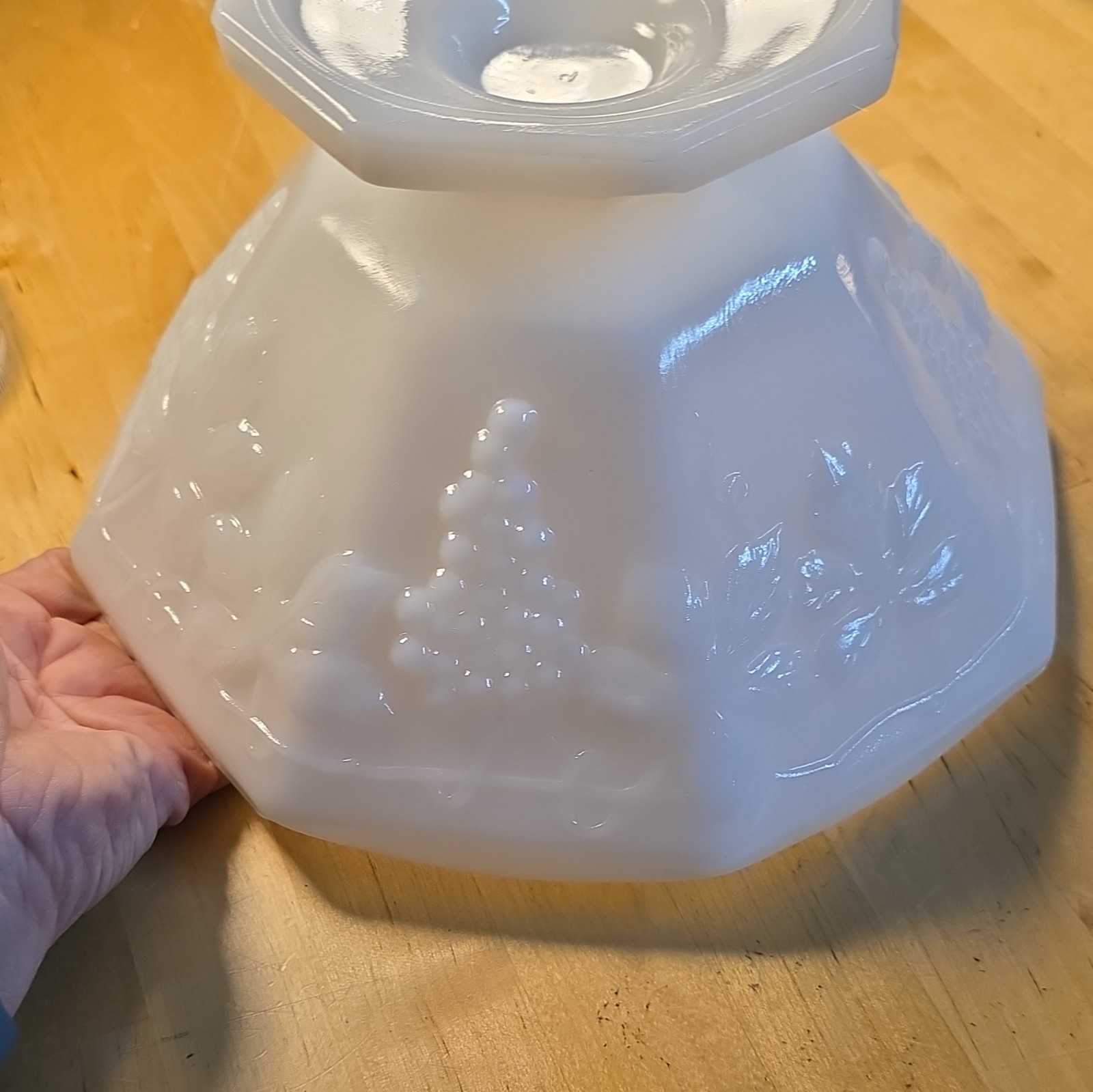 Anchor Hocking White Milk Glass Octagonal Pedestal Compote Bowl Grape Pattern