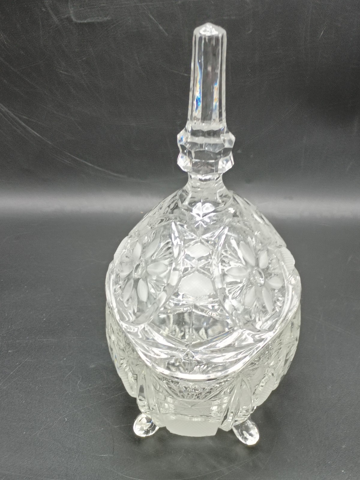 Vintage Large Heavy Etched Crystal Covered Oval Candy Dish Floral