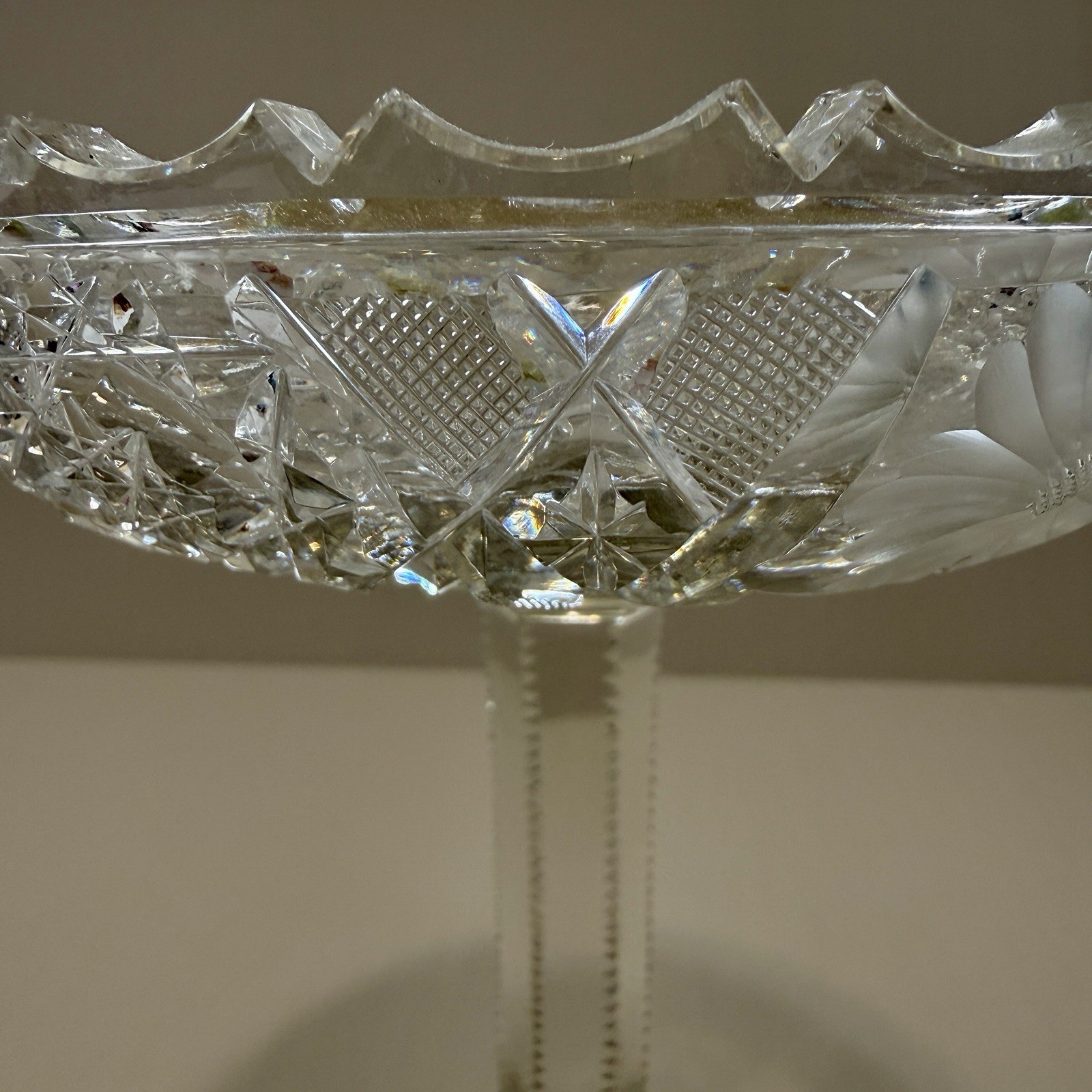 American Brilliant Period Cut Glass Pedestal Compote Bowl 6″ Scallop Sawtooth