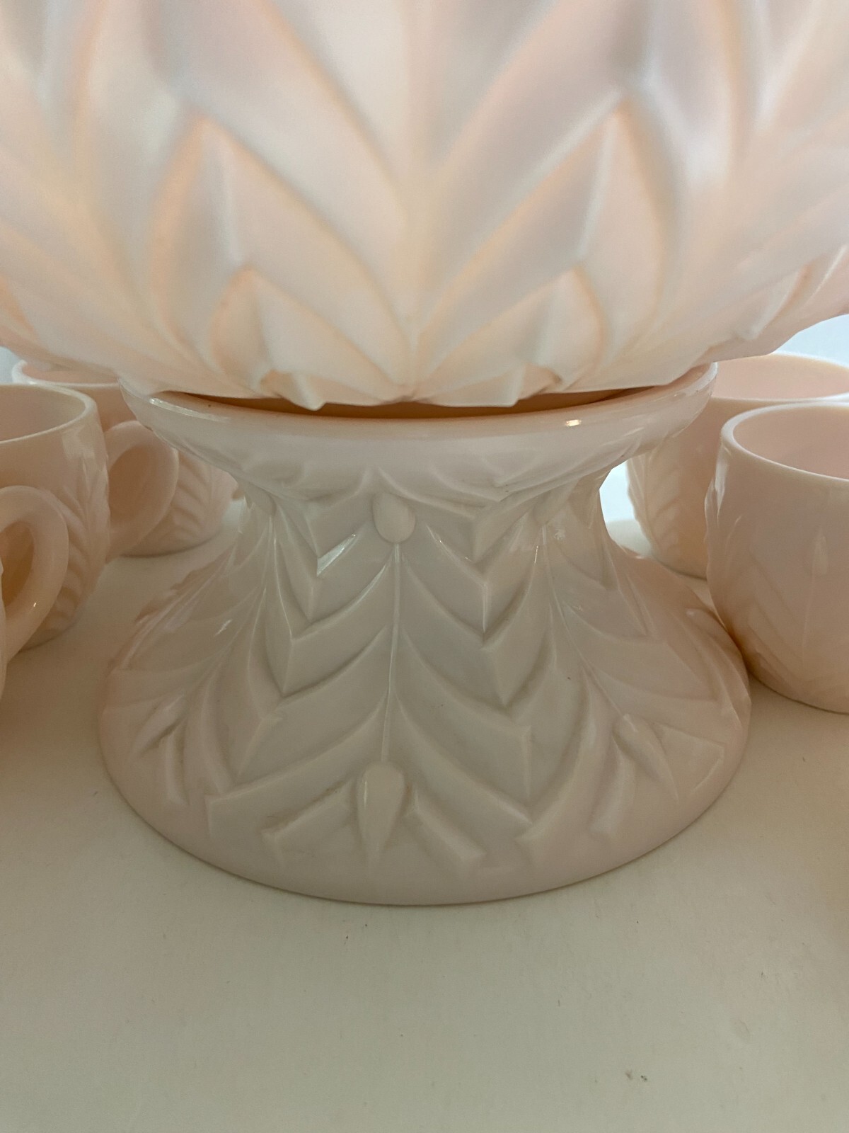 Jeannette Shell Pink Milk Glass Punch Bowl Set with Base and 12 cups Vtg 1950’s