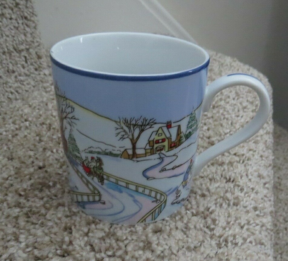TIFFANY & CO WINTER SCENE MUG COVERED BRIDGE ICE SKATING SLEDDING SNOWBALLS ETC