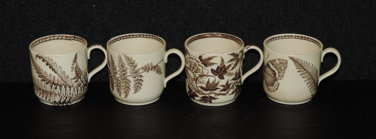 ANTIQUE WEDGWOOD BROWN TRANSFER AESTHETIC BOTANICAL DEMITASSE CUPS & SAUCERS
