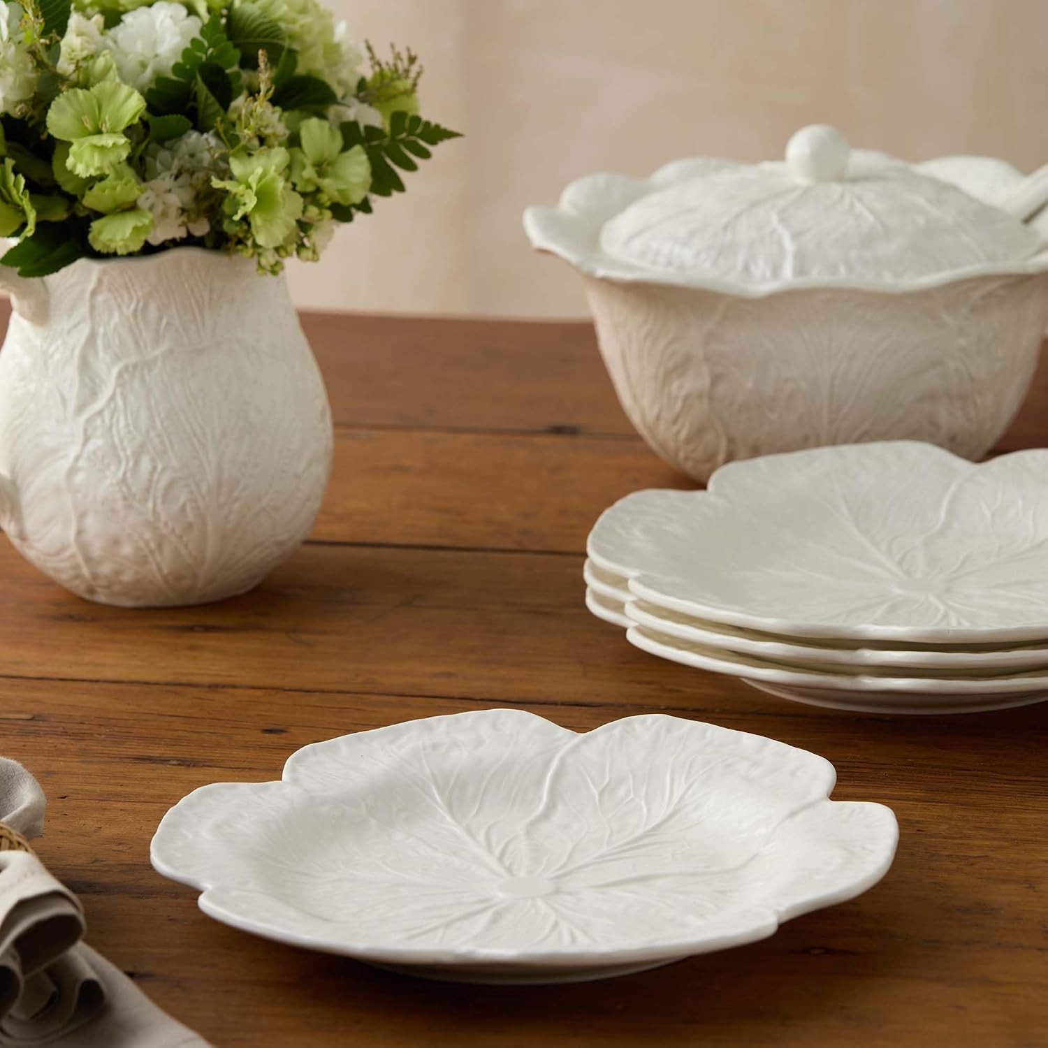 White Cabbage 3-D 11″DINNER PLATES, SETOF 4 – Sculpted Ivory Stoneware Leaf