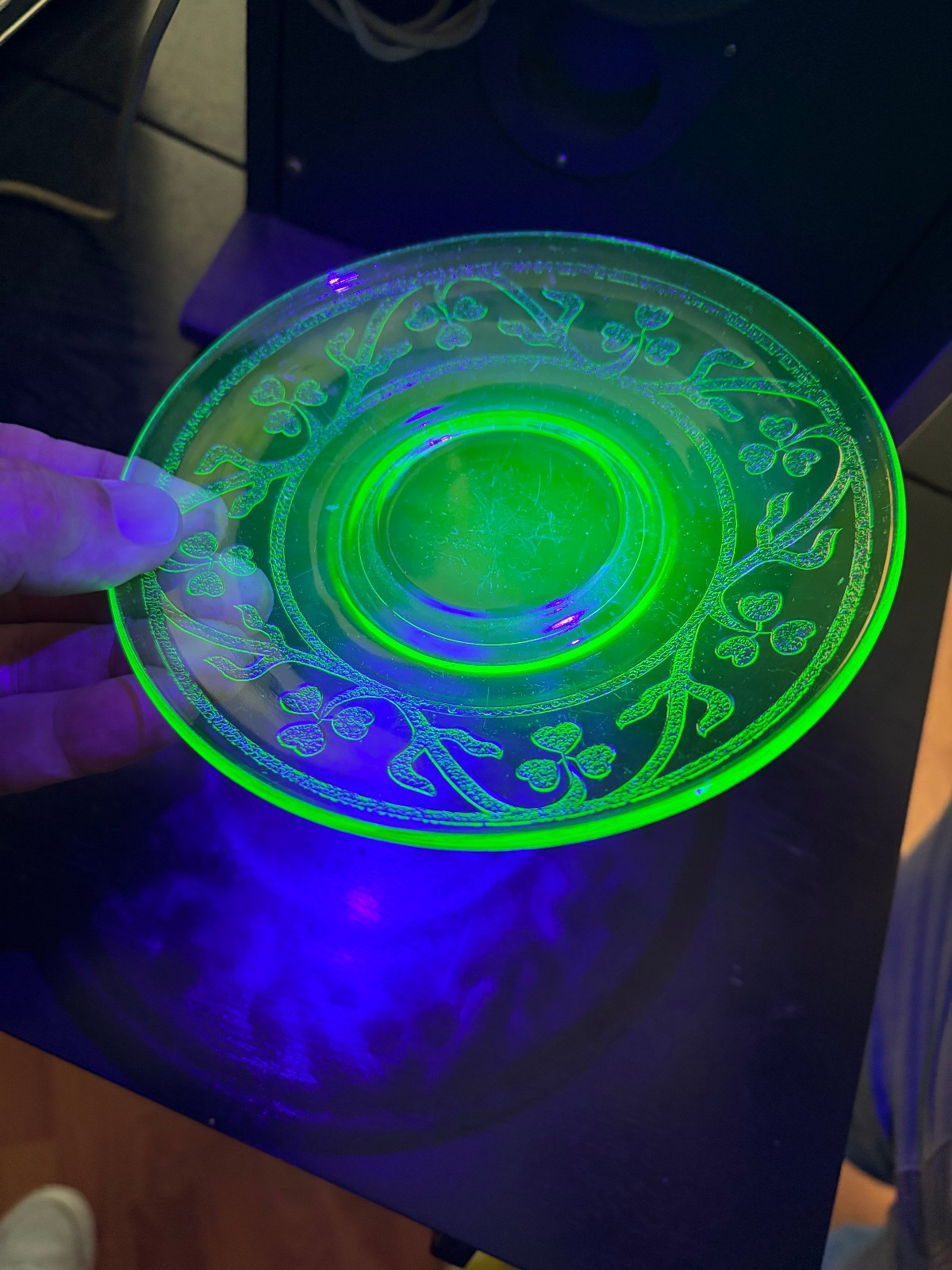 5.75″ Uranium glass plates with floral pattern, set of 2