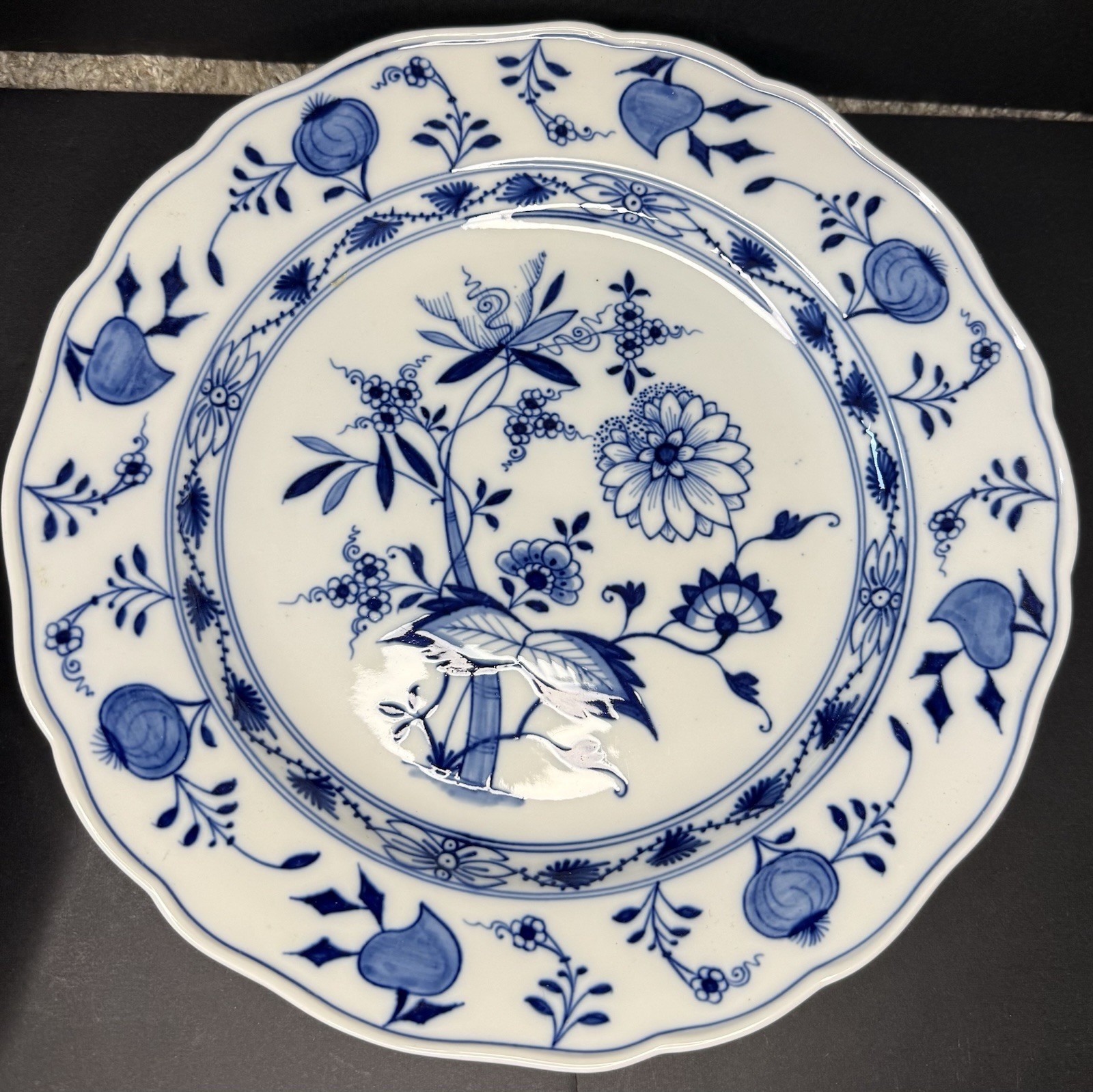Antique Meissen Blue Onion Dinner Plates Set Blue White Rimmed Sword Backstamp