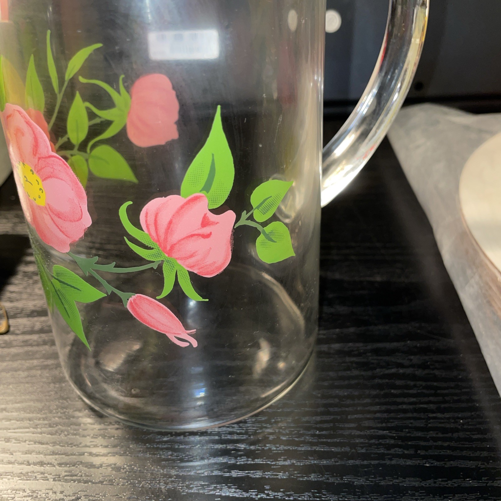 Vintage Franciscan Desert Rose Clear Glass Pink Flower 7.75 in Cocktail Pitcher