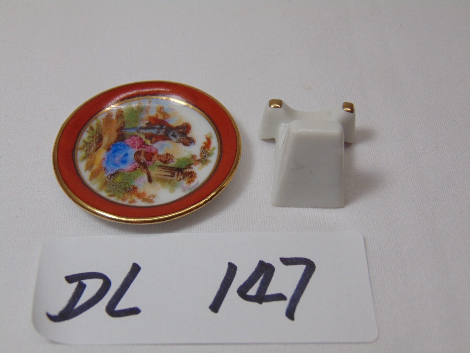Vintage Old Limoges Gold Ring Mini Plate with Stand France Man & Woman Music