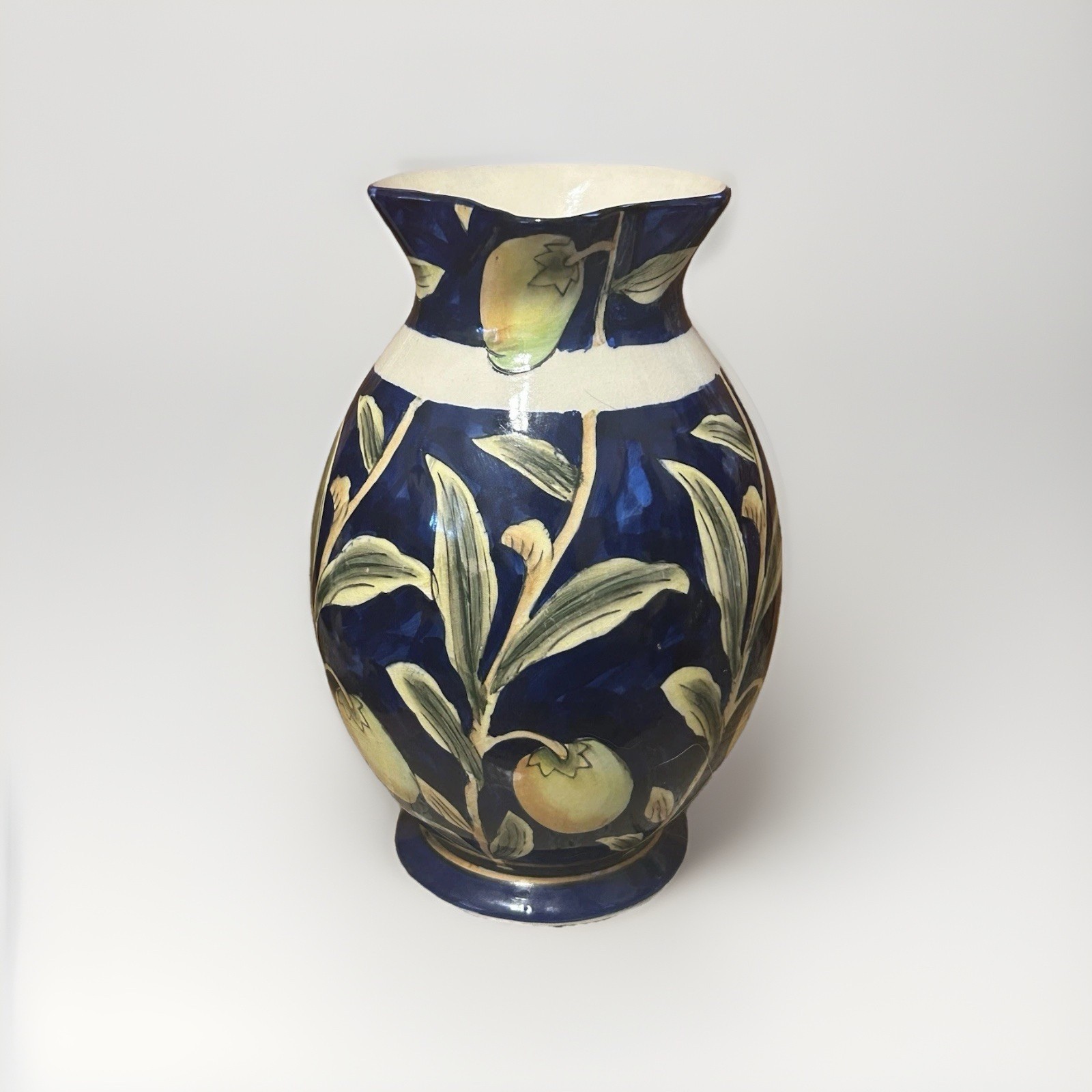 Dept. 52 – Handpainted Cobalt Blue Ceramic Pitcher, Yellow Fruit
