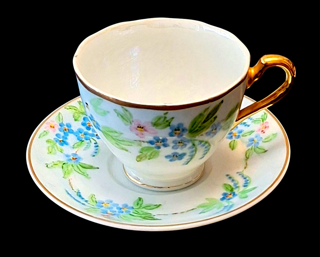 Vintage White Coffee Tea Cup & Saucer Blue Floral Hand-Painted by Ruth of Tucson