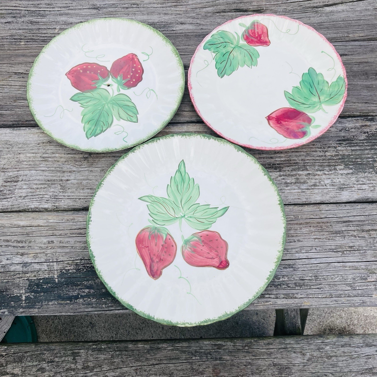 3 Blue Ridge Southern Potteries Wild Strawberry Colonial Green & Red Rim Plates