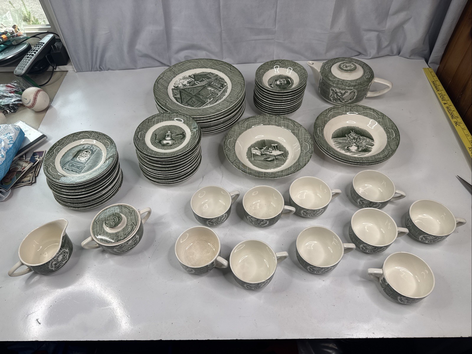 65 Pc Old Curiosity Shop Transferware Plates Bowls Cups Creamer Sugar Tea Kettle
