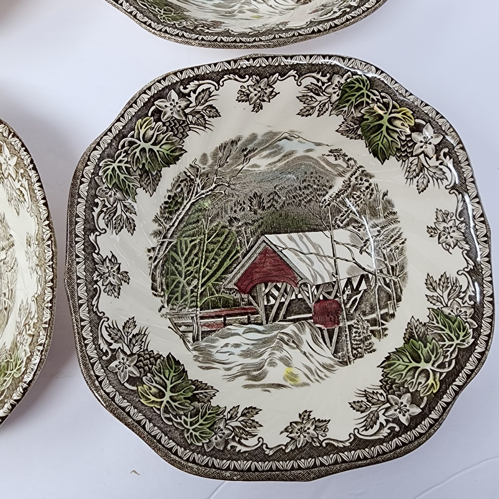Friendly Village Johnson Brothers Covered Bridge Square Salad Dessert Bowl Set 9