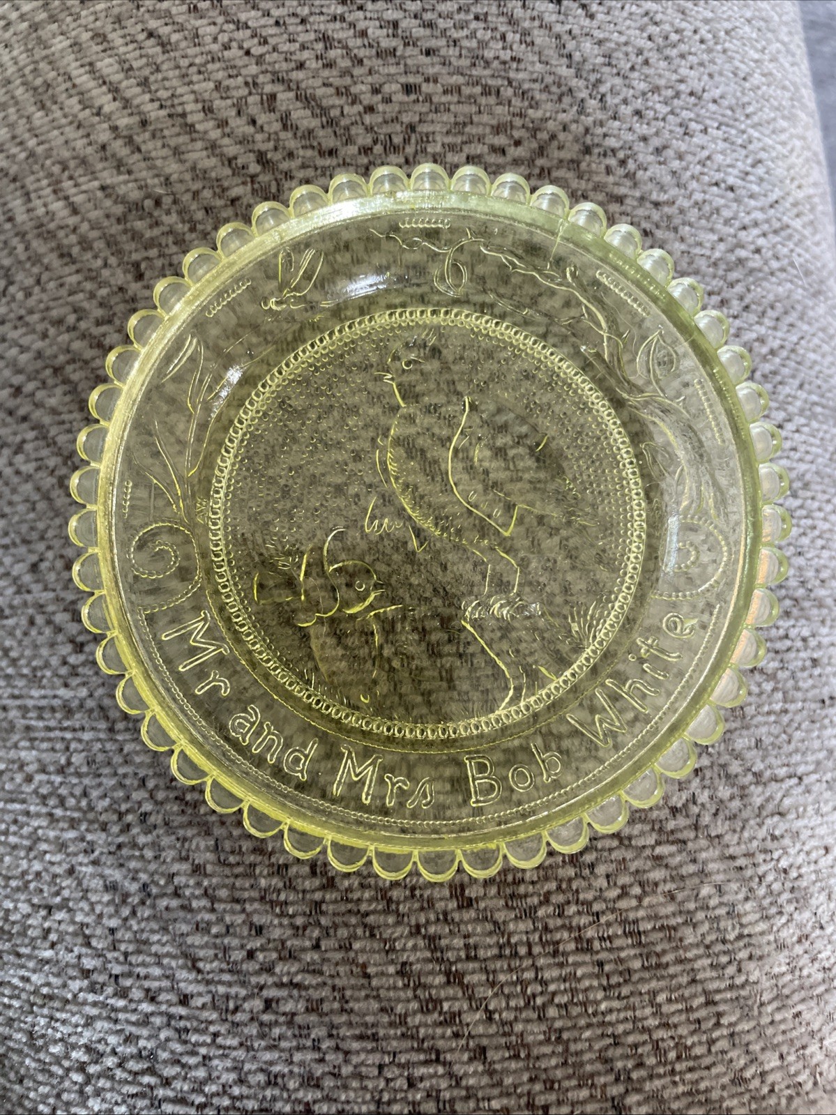 Vintage Pairpoint Glass Vaseline Uranium Glass Cup Plate Mr. & Mrs. Bob White